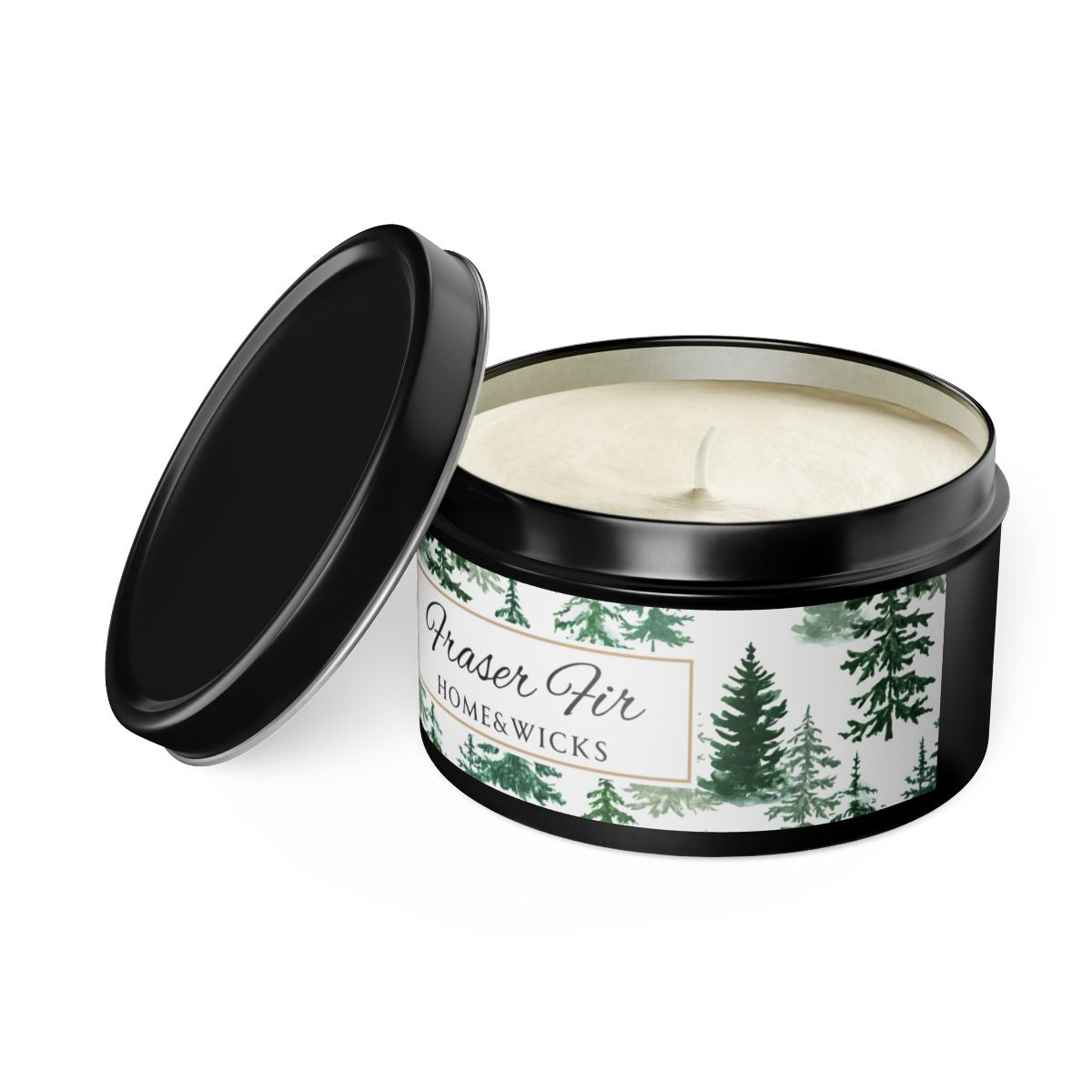 Fraser Fir Coconut Soy Wax Candle, 8 oz. Black Tin Jar with Lid - Christmas Candle, Holiday Decor, Winter Candle