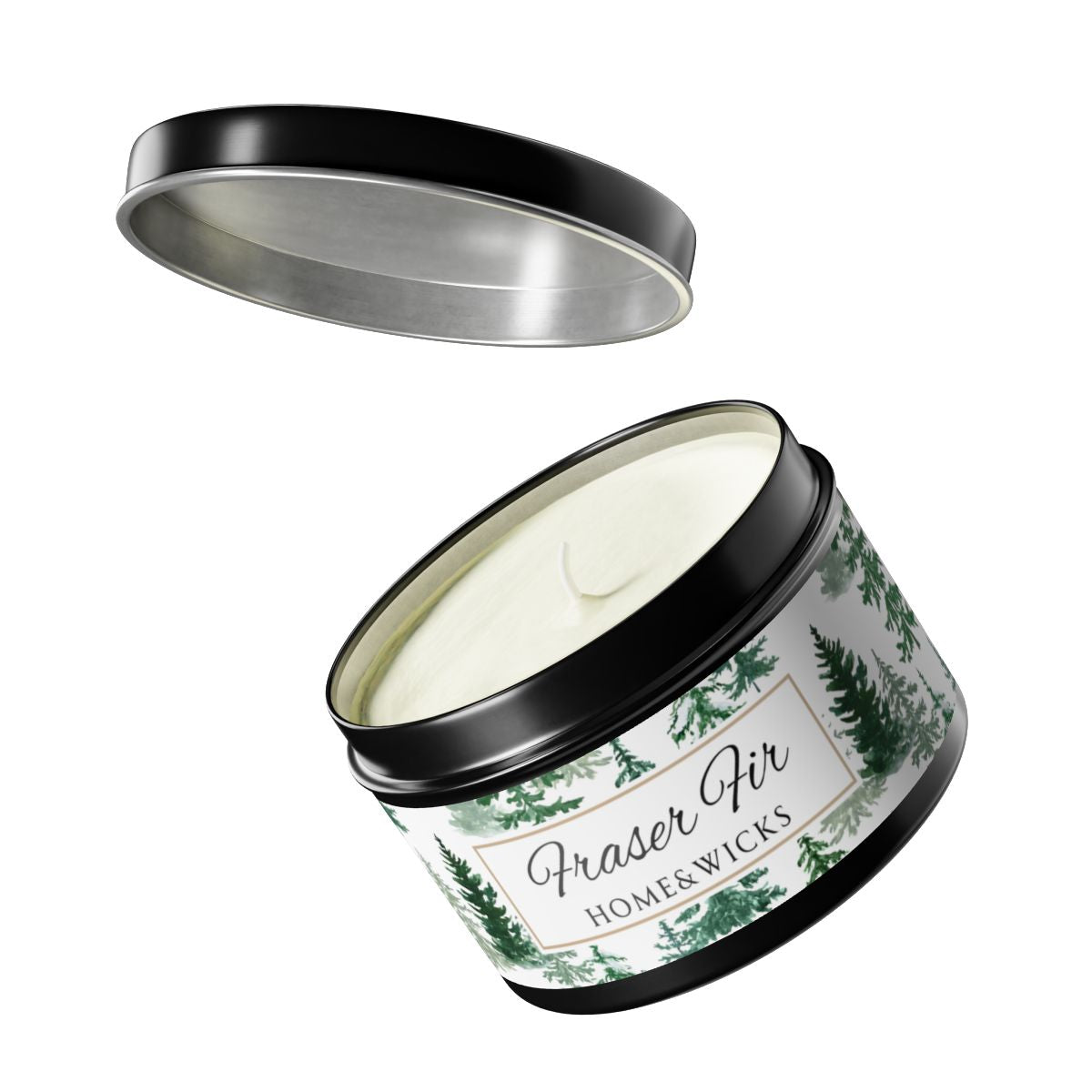 Fraser Fir Coconut Soy Wax Candle, 8 oz. Black Tin Jar with Lid - Christmas Candle, Holiday Decor, Winter Candle