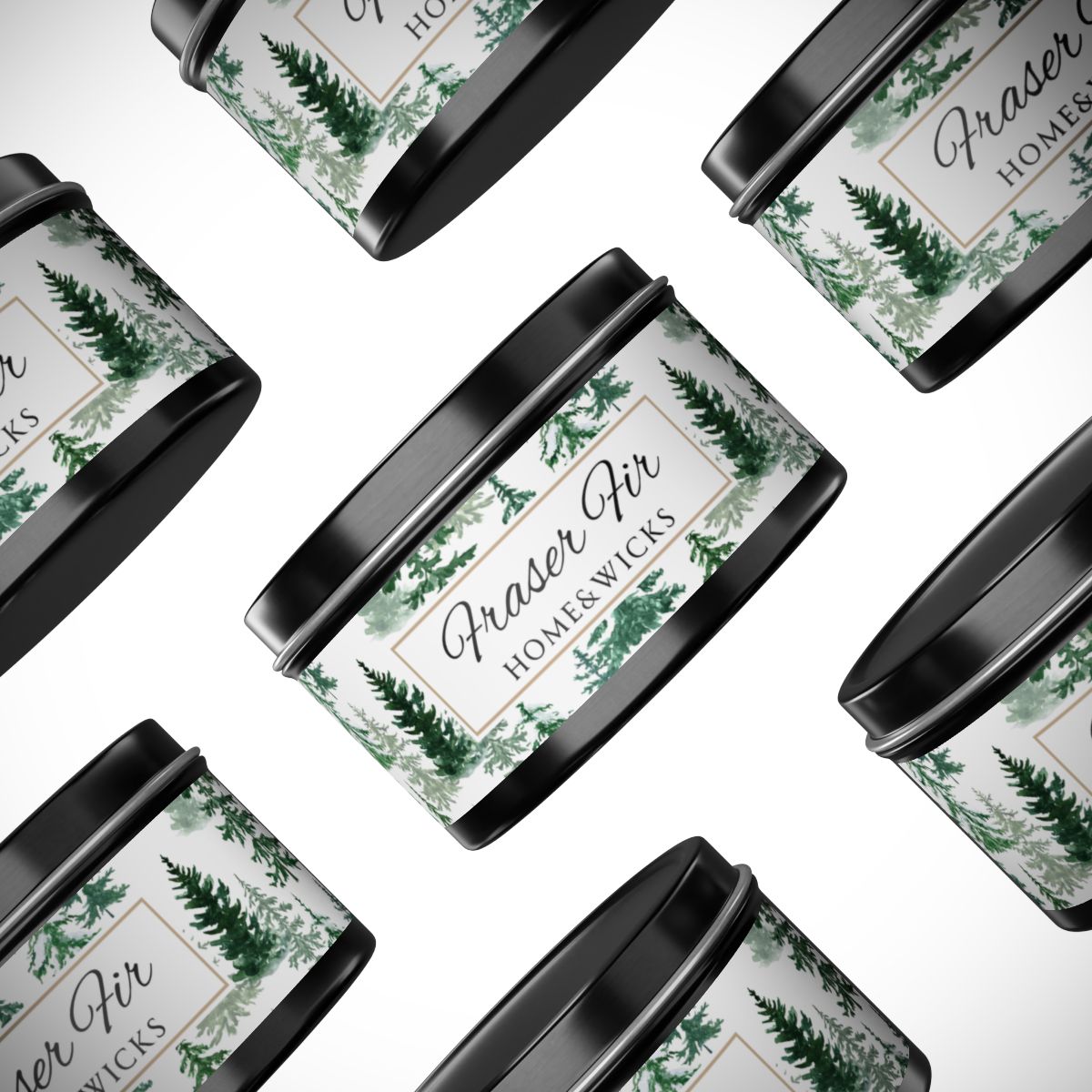 Fraser Fir Coconut Soy Wax Candle, 8 oz. Black Tin Jar with Lid - Christmas Candle, Holiday Decor, Winter Candle