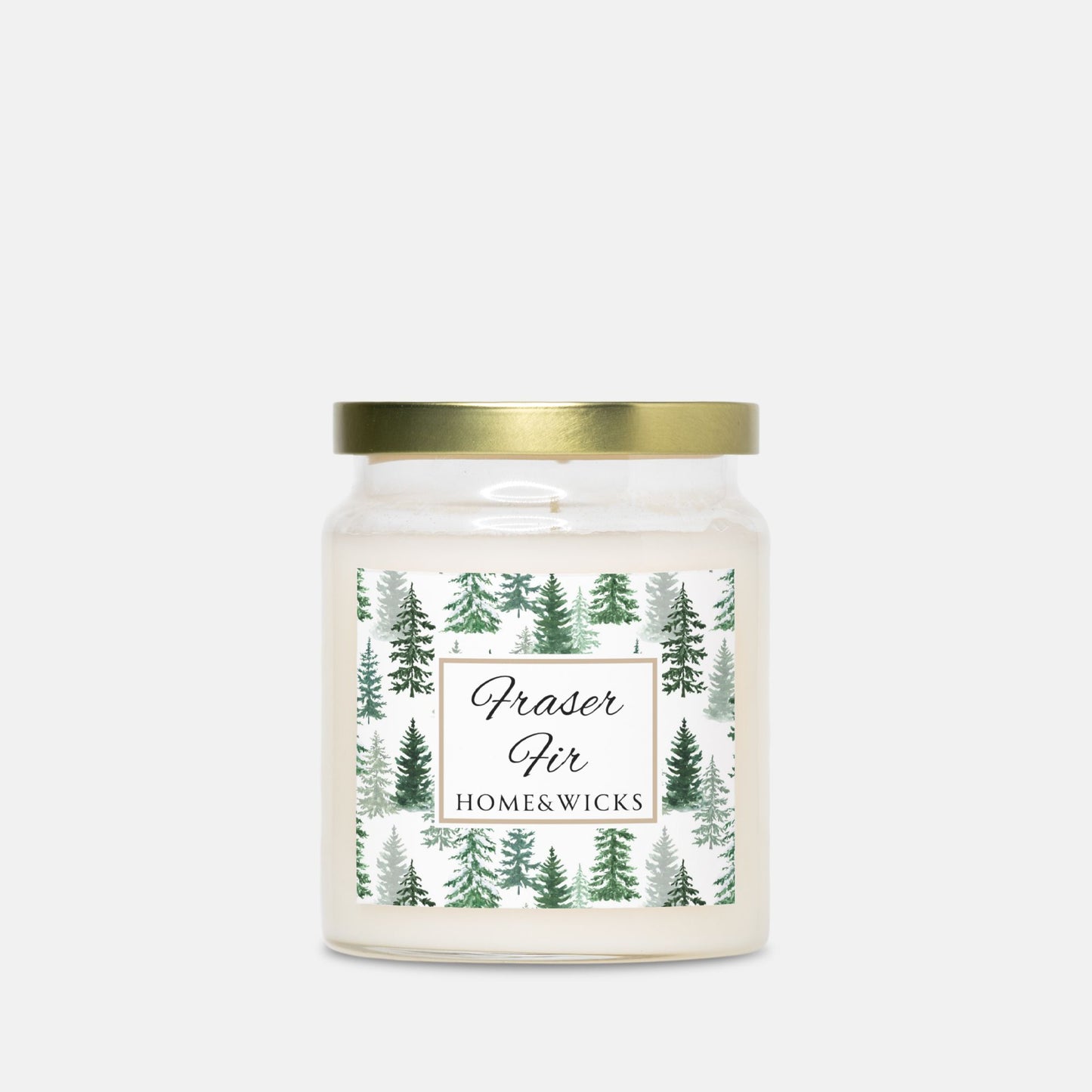 Candle jar with a label featuring trees and the Fraser Fir on a white background