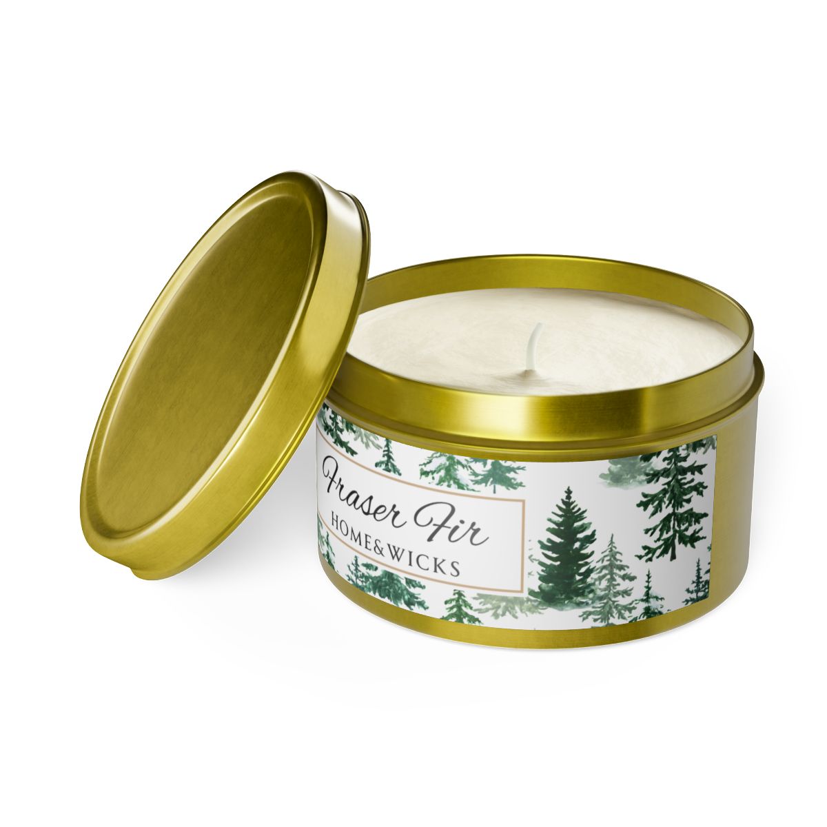 Fraser Fir Coconut Soy Wax Candle, 8 oz. Gold Tin Jar with Lid - Christmas Candle, Holiday Decor, Winter Candle