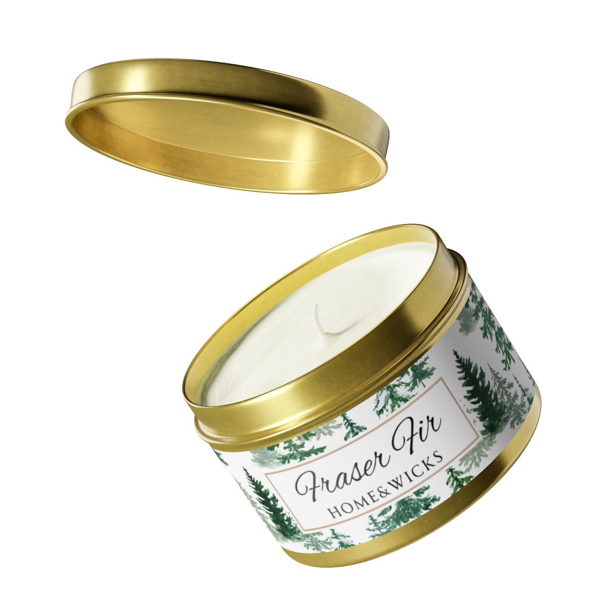 Fraser Fir Coconut Soy Wax Candle, 8 oz. Gold Tin Jar with Lid - Christmas Candle, Holiday Decor, Winter Candle