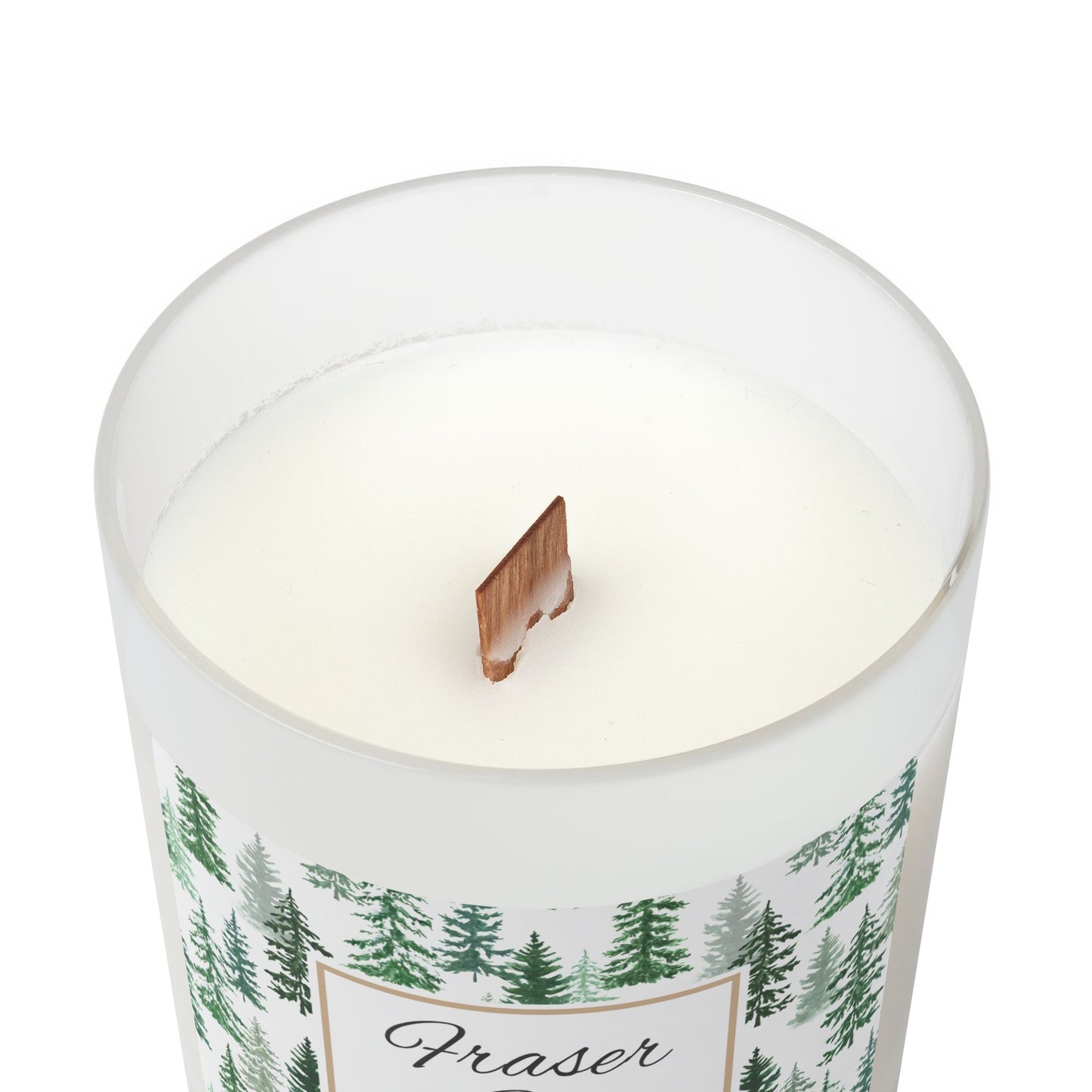 Candle with a wooden wick and a label featuring trees and the word 'Fraser' on a white background.