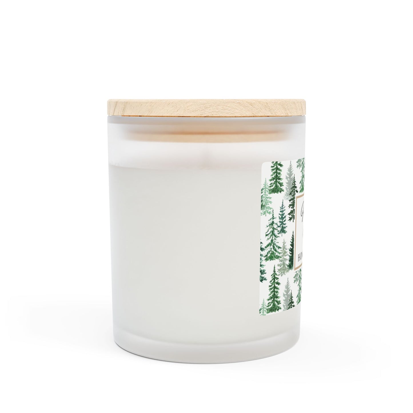 Candle with a wooden lid and forest design on a white background
