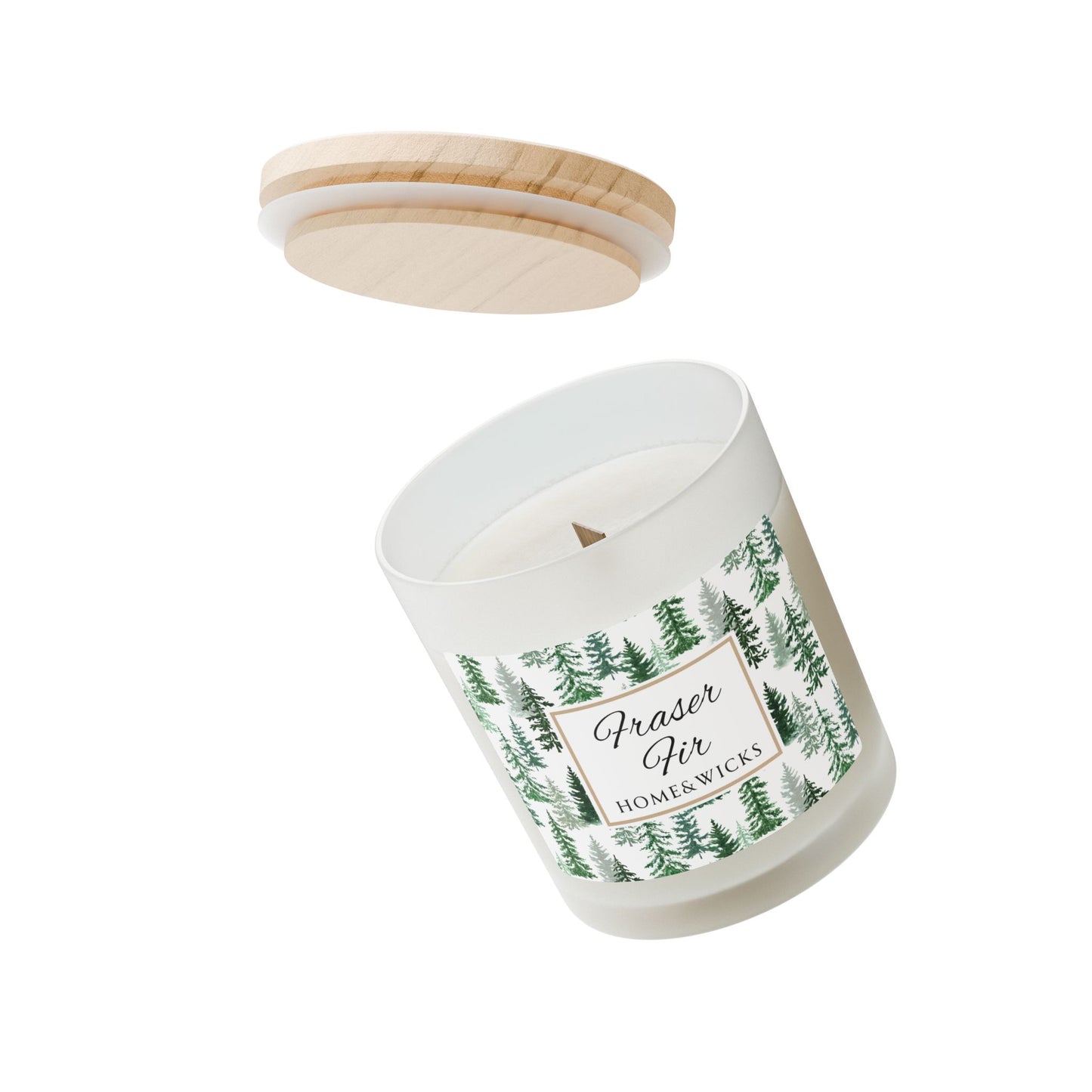 Candle with a wooden lid and 'Fraser Fir' label on a white background