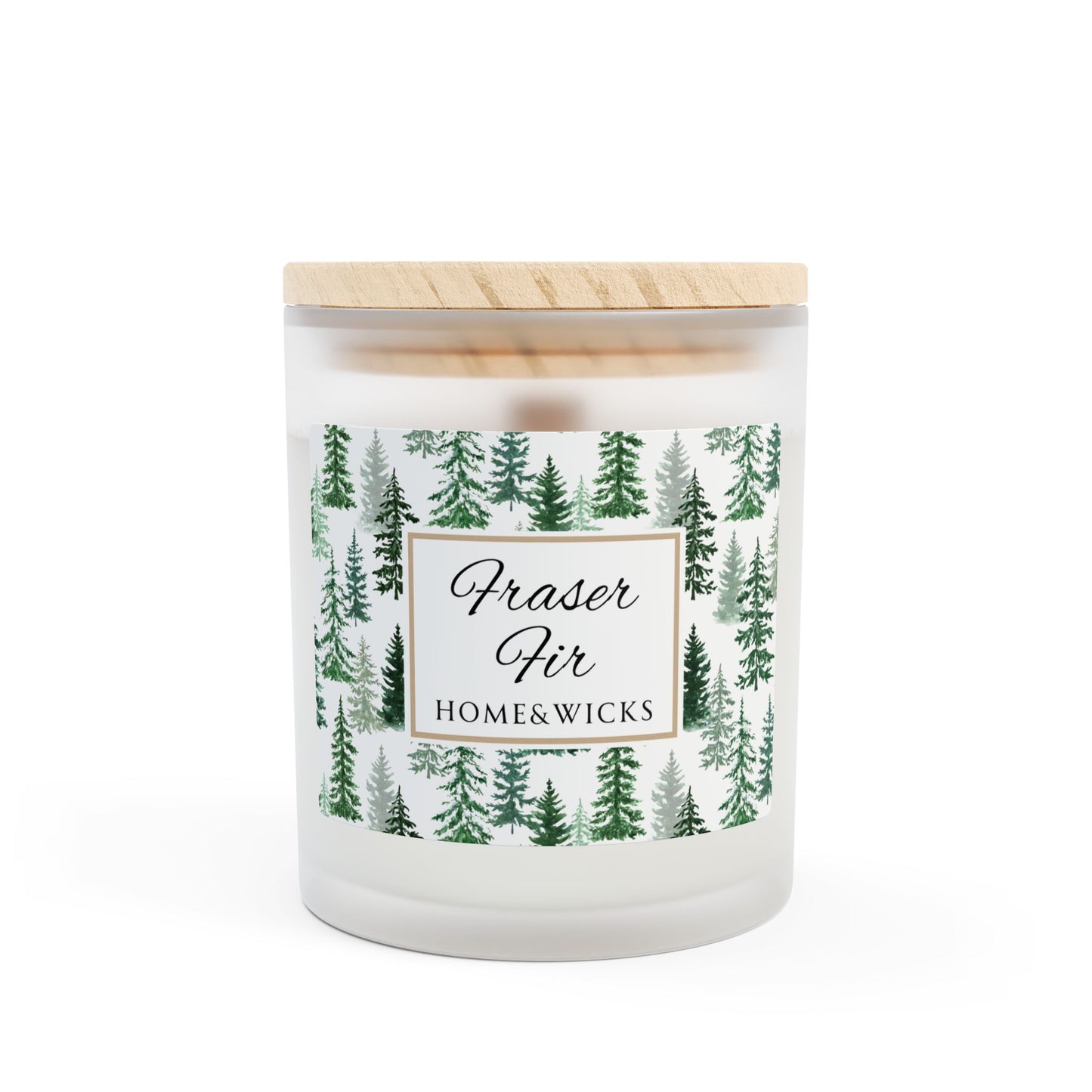 Candle with a wooden lid and 'Fraser Fir' label on a white background