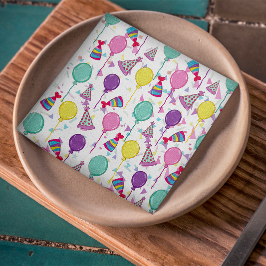 Happy Birthday Cotton Twill Cocktail Cloth Napkins on White 10" x 10" - Birthday Celebration Napkins, Party Drink Napkins, Birthday Party Reusable Appetizer Napkins, Cloth Finger Napkins - Priced per Napkin