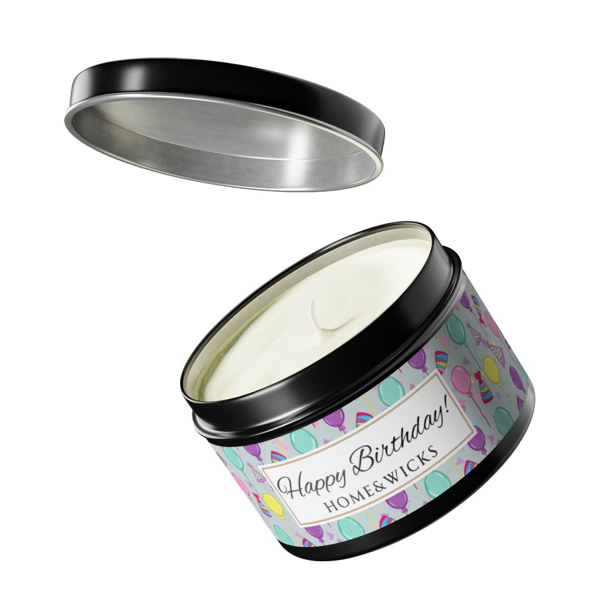 Open black candle tin with 'Happy Birthday' label with colorful balloon, birthday hats and confetti design on a white background