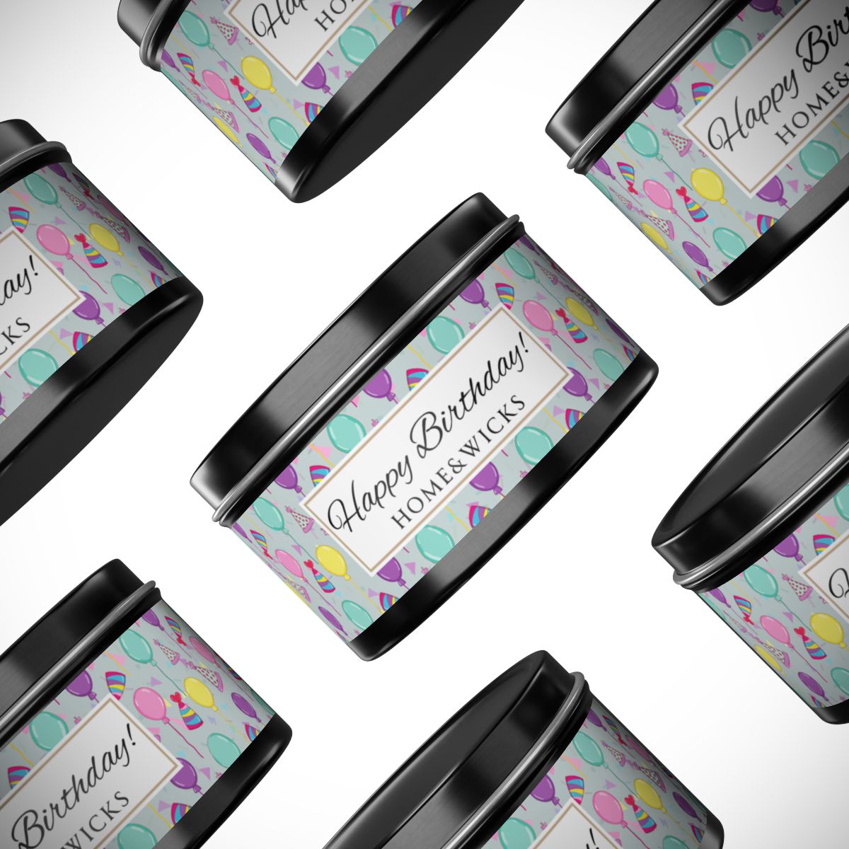 Multiple black candle tin with 'Happy Birthday' label with colorful balloon, birthday hats and confetti design on a white background
