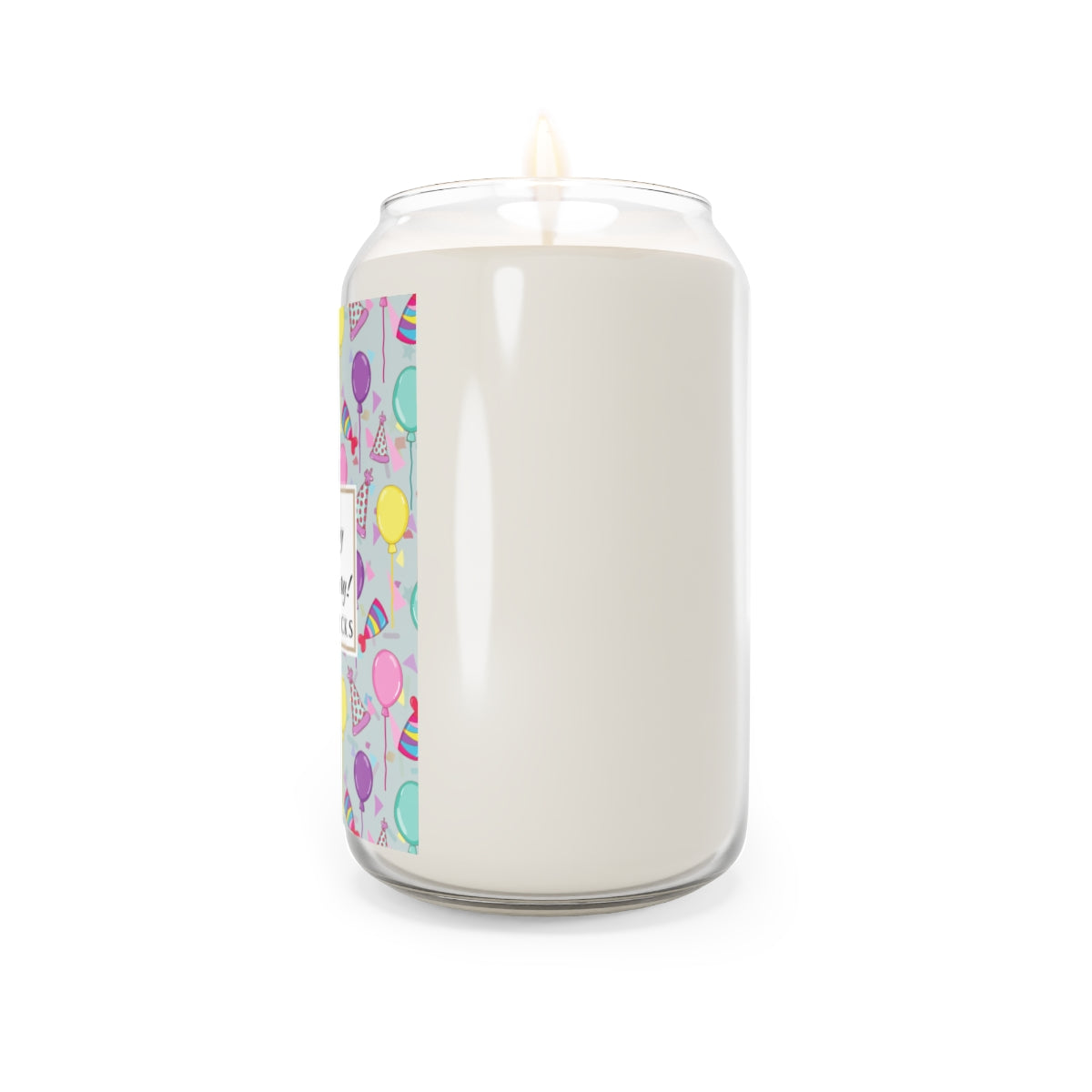 Side view of large Happy Birthday 13.75 oz. Candle with birthday hats, confetti and balloons pattern with a blue-green light cyan background design on label on a white background