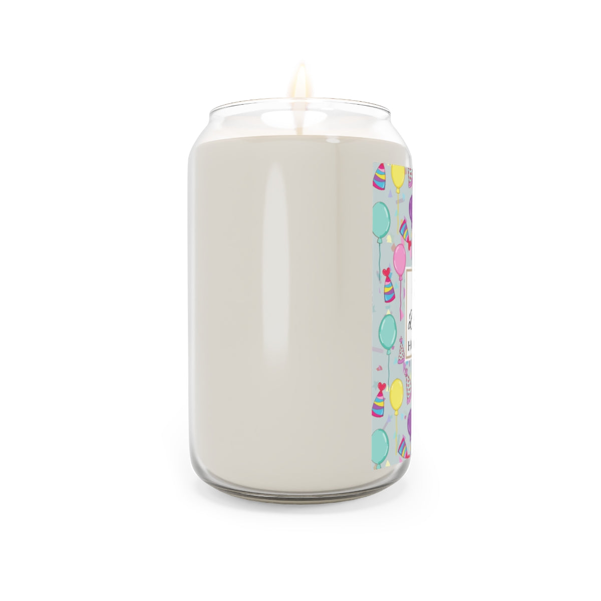 Side view of large Happy Birthday 13.75 oz. Candle with birthday hats, confetti and balloons pattern with a blue-green light cyan background design on label on a white background