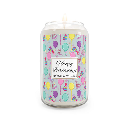 Large Happy Birthday 13.75 oz. Candle with birthday hats, confetti and balloons pattern with a blue-green light cyan background design on label on a white background