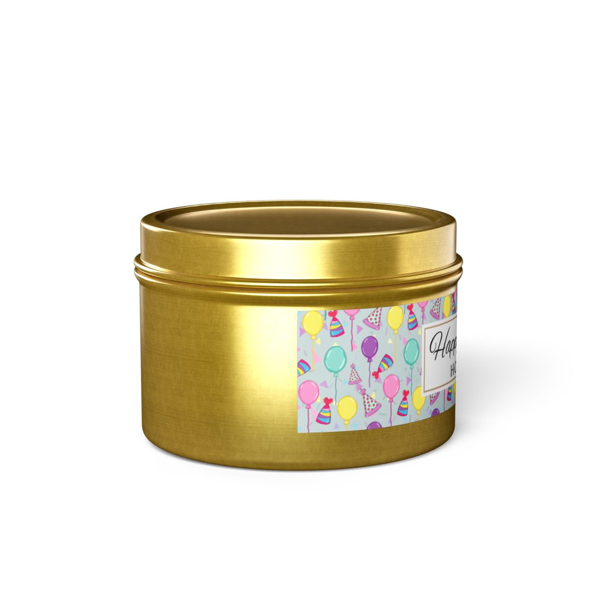 Side view of cotton wicked Happy Birthday gold 4 oz. candle tin with gold lid with a colorful label with birthday hats, balloons and confetti on a white background