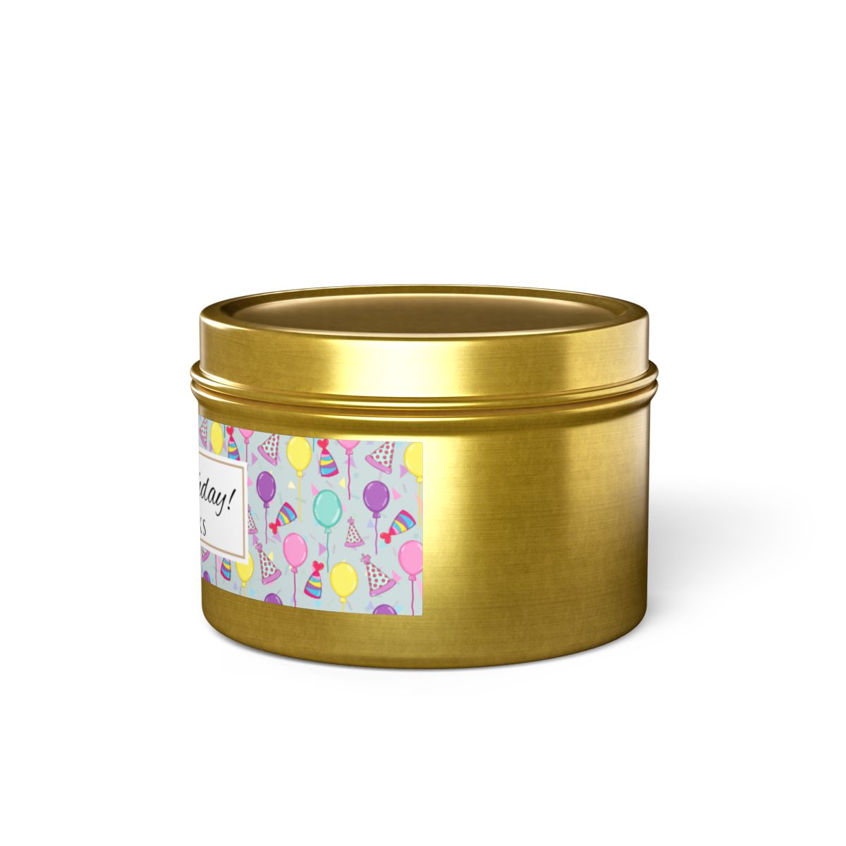 Side view of Happy Birthday gold 4 oz. candle tin with gold lid with a colorful label with birthday hats, balloons and confetti on a white background
