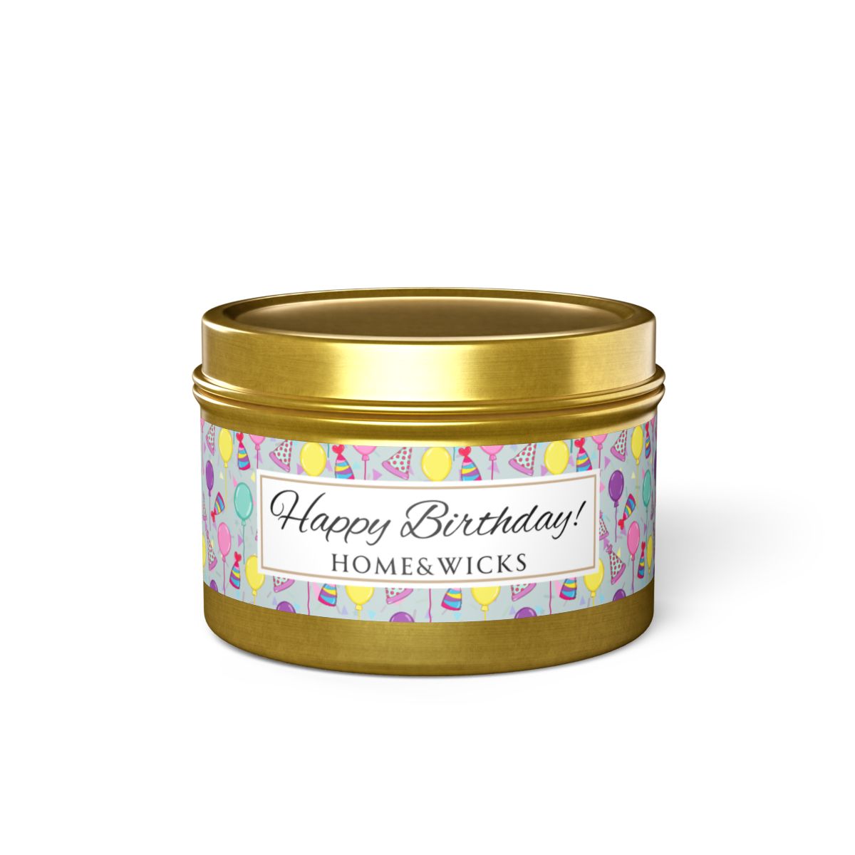 Happy Birthday gold 4 oz. candle tin with gold lid with a colorful label with birthday hats, balloons and confetti on a white background