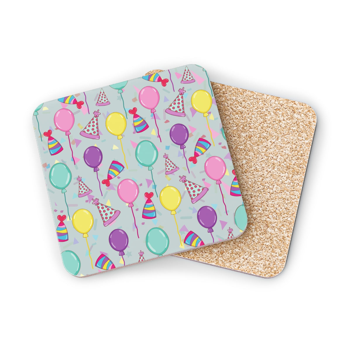 Front and back view of square Happy Birthday! coaster with colorful balloons, birthday party hats and confetti pattern on a light blue gray background