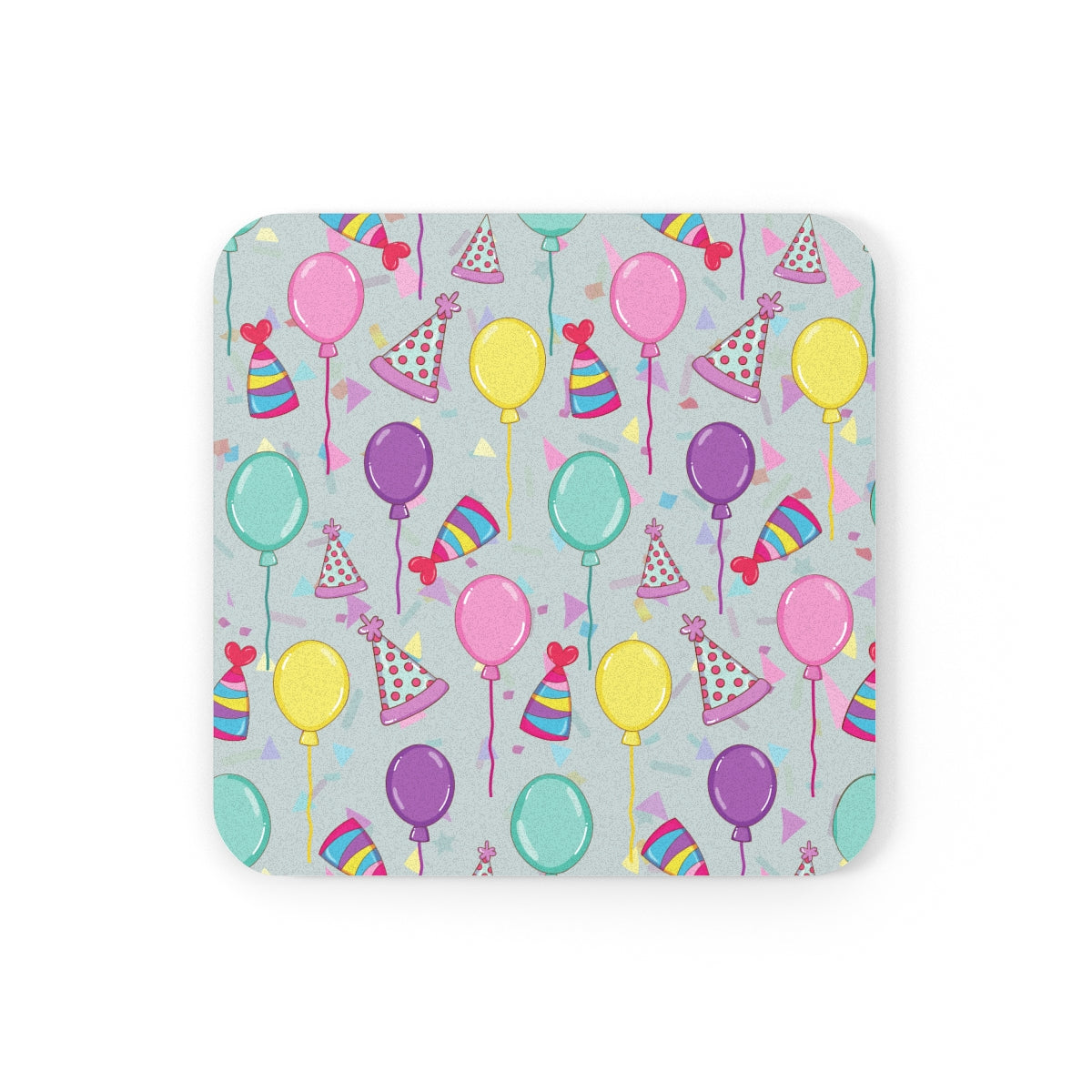 Square Happy Birthday! hardboard coaster with colorful balloons, birthday party hats and confetti pattern on a light blue gray background