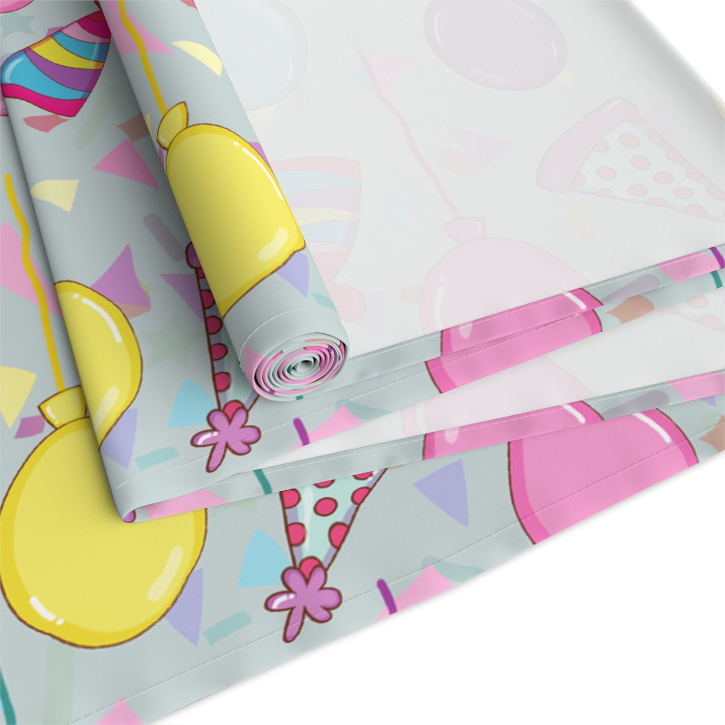 Table runner with colorful birthday party hats, confetti and balloons pattern on a white background