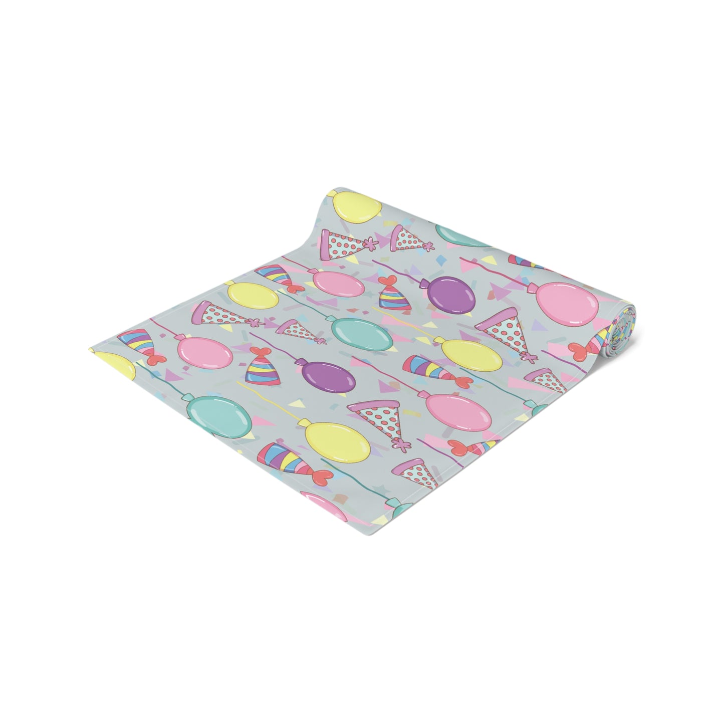 Table runner with colorful birthday party hats, confetti and balloons pattern on a white background