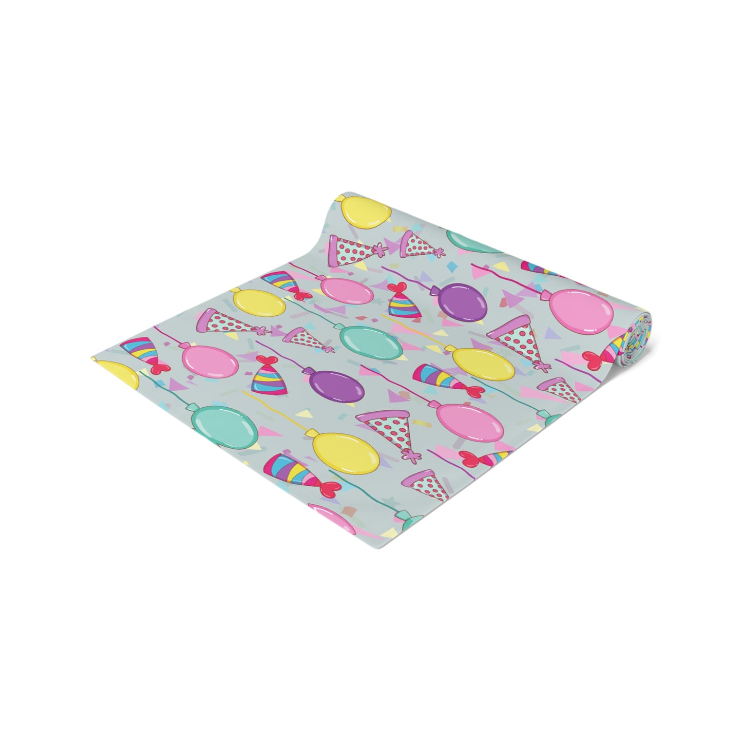 Table runner with colorful birthday party hats, confetti and balloons pattern on a white background