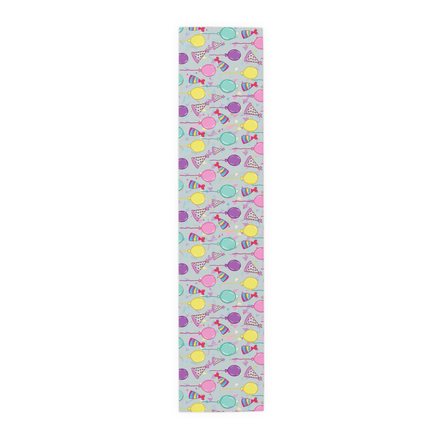 Table runner with colorful birthday party hats, confetti and balloons pattern on a white background