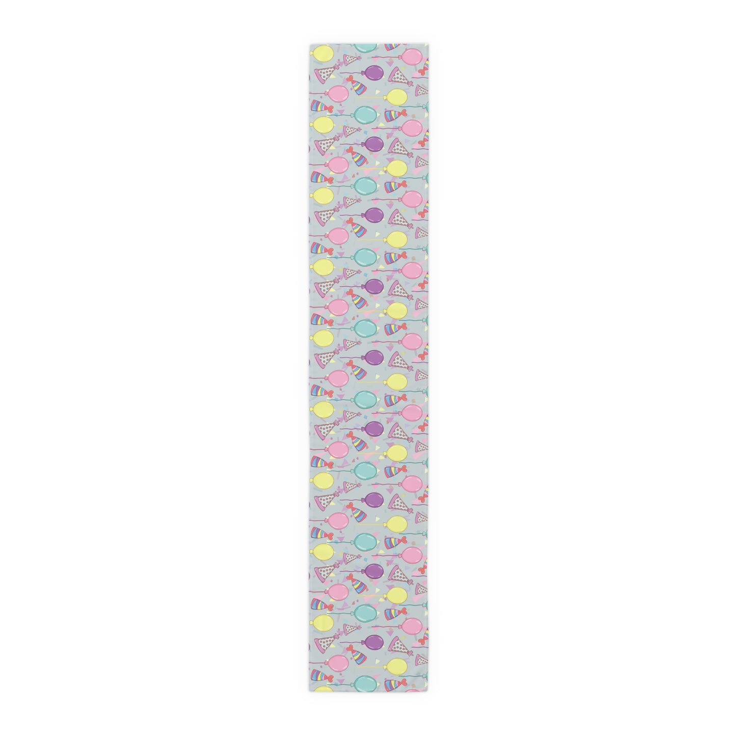 Table runner with colorful birthday party hats, confetti and balloons pattern on a gray background