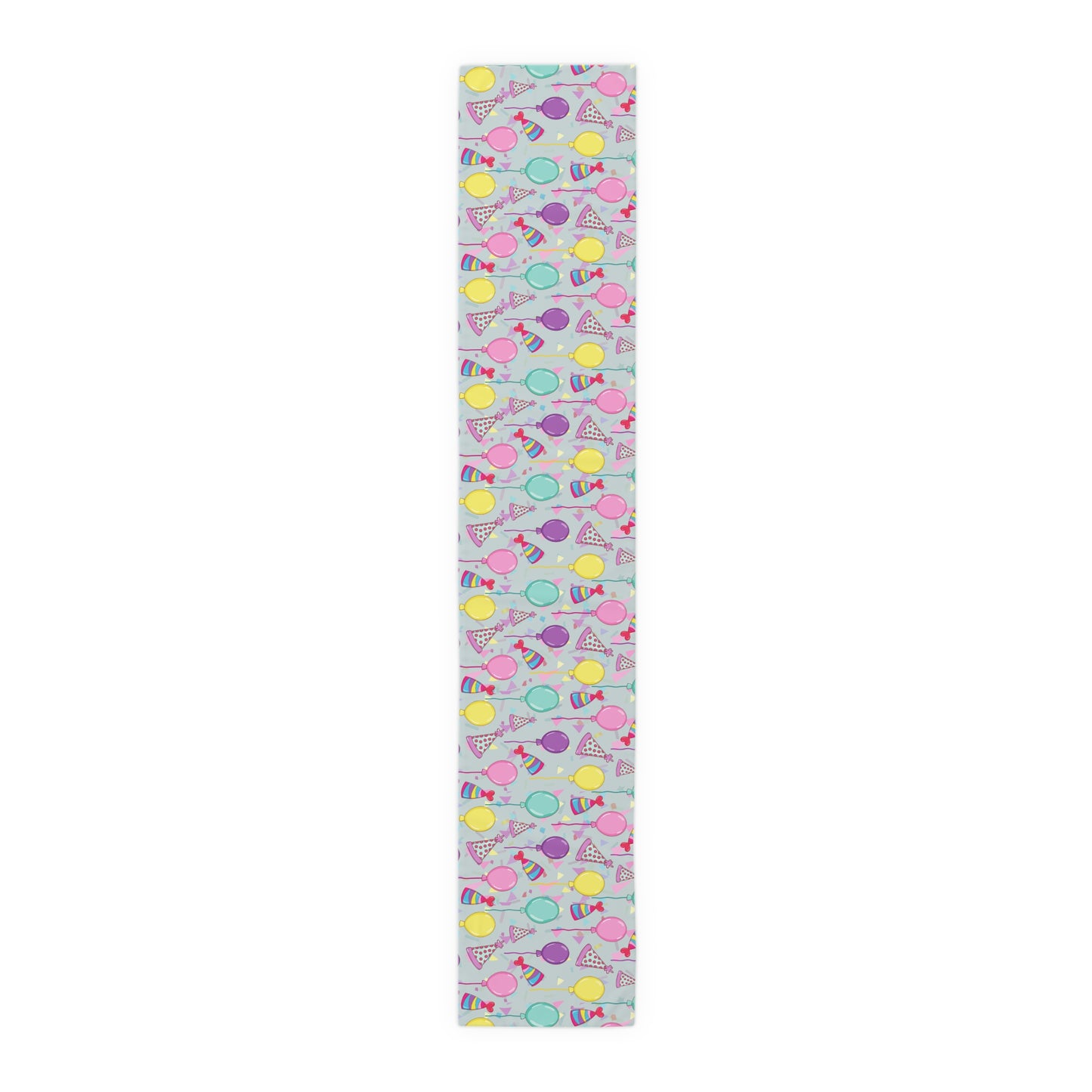 Table runner with colorful birthday party hats, confetti and balloons pattern on a white background