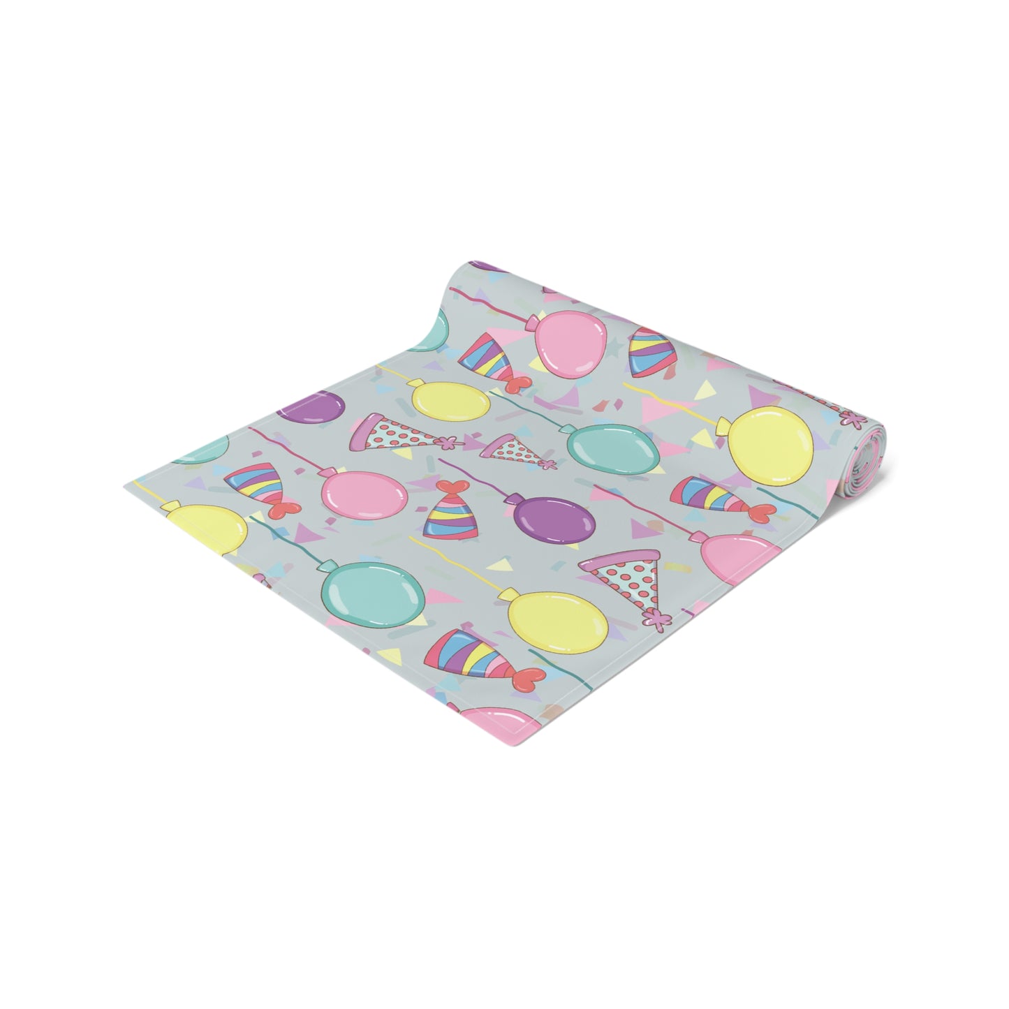 Table runner with colorful birthday party hats, confetti and balloons pattern on a light blue background