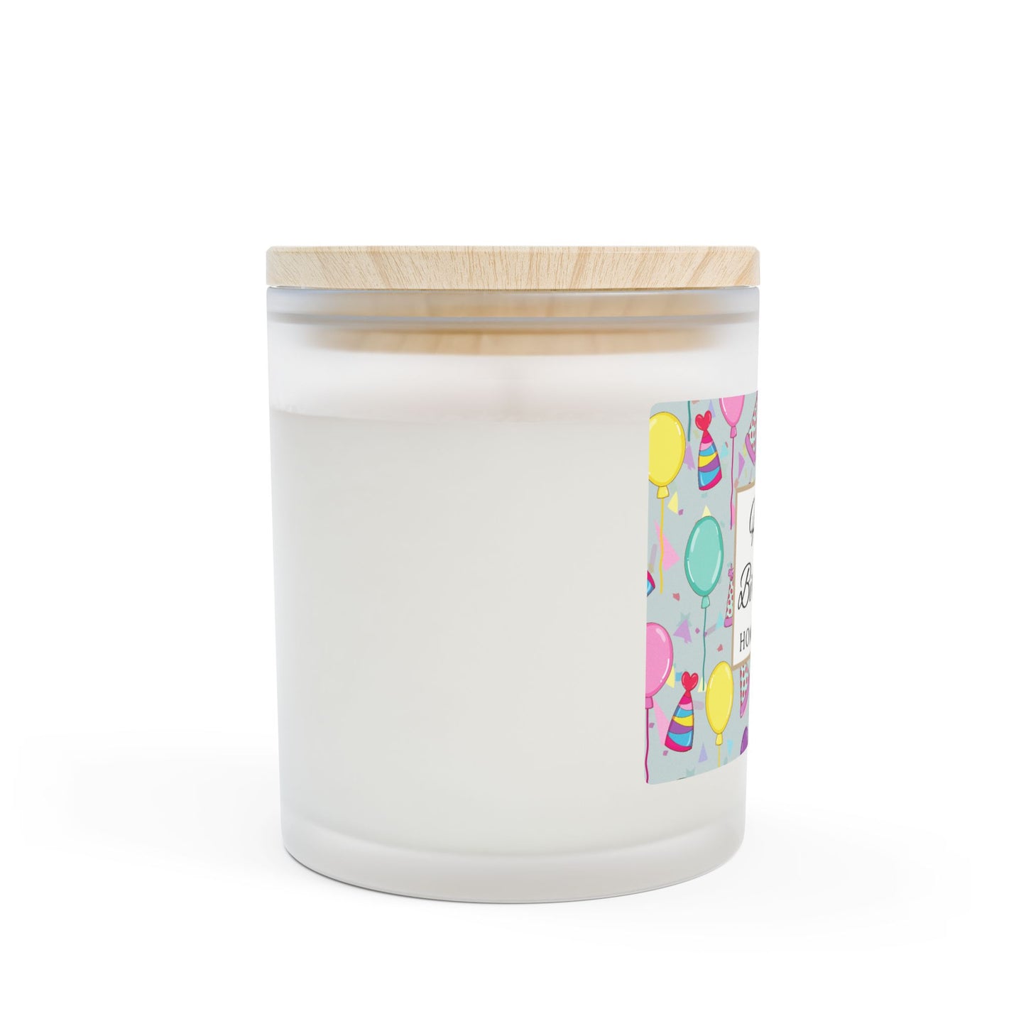 Side view of Wood wick candle with a 'Happy Birthday' label featuring balloons and party hats with maple wood lid on a white background.