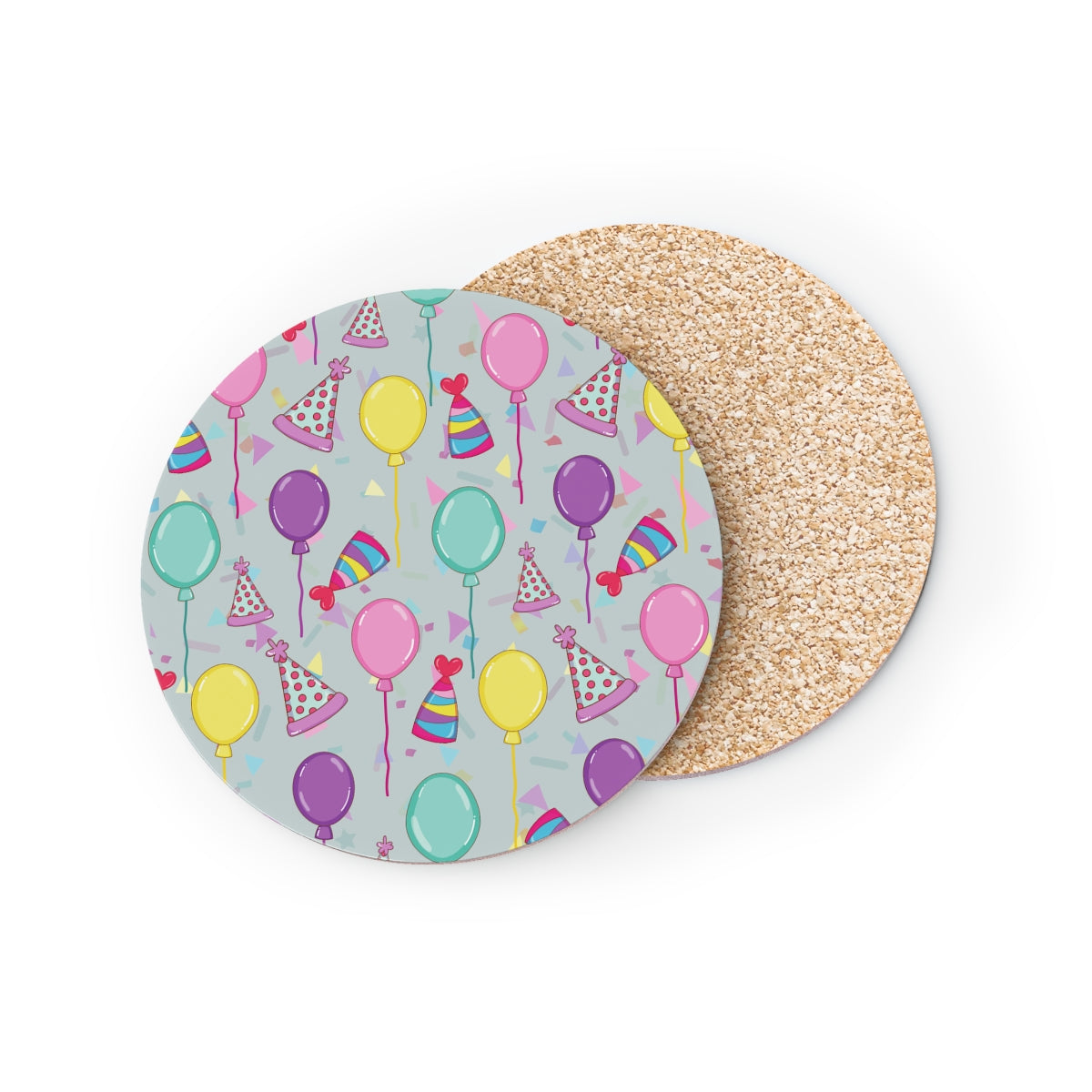 Front and back view of round Happy Birthday! coaster with colorful balloons, birthday party hats and confetti pattern with a light blue gray background