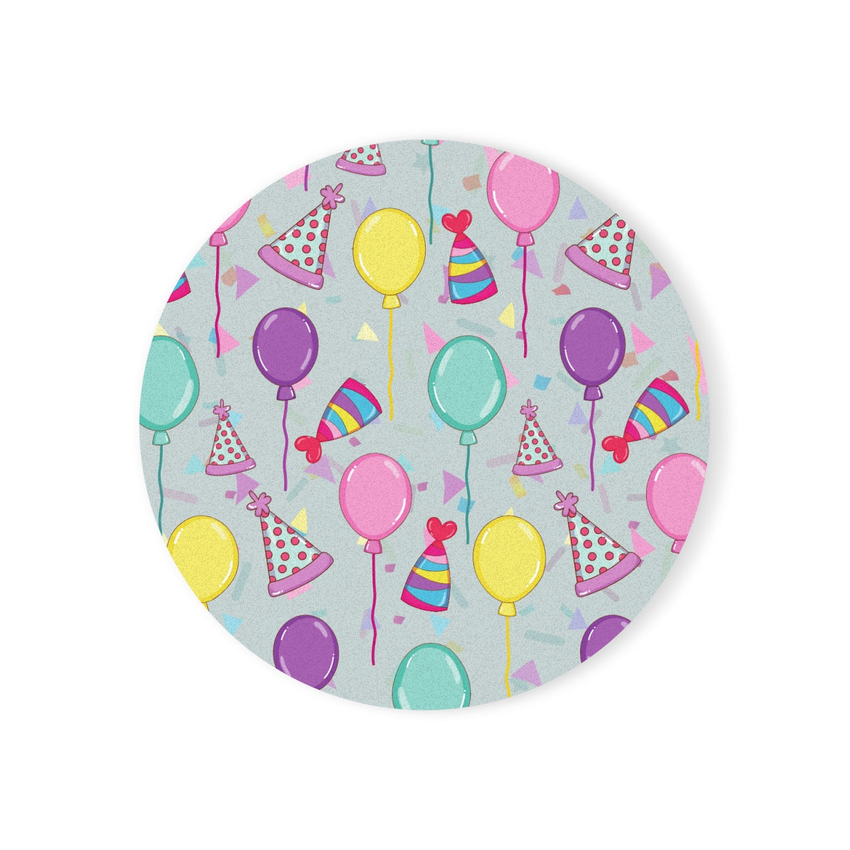 Round Happy Birthday! hardboard coaster with colorful balloons, birthday party hats and confetti pattern with a light blue gray background on a white background