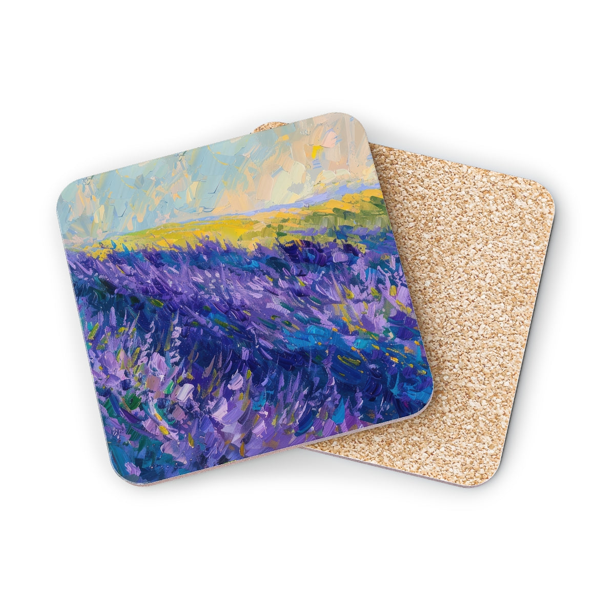 Lavender Fields - Square Hardboard Coaster, Cork Backed - 3.75"x 3.75" - Perfect for Home Decor & Gifts - Priced per coaster