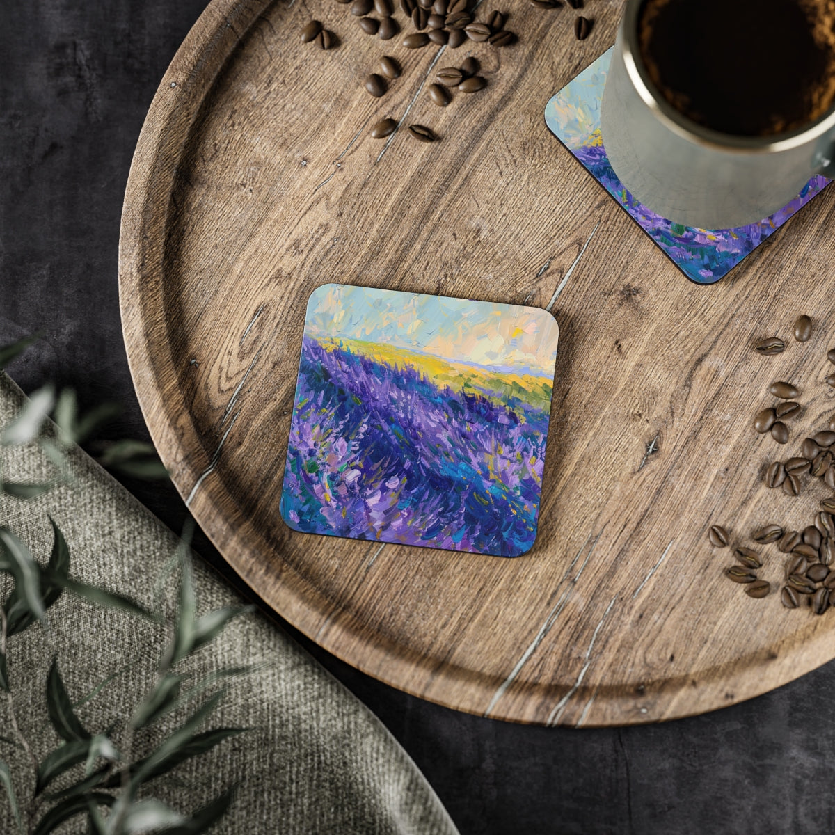 Lavender Fields - Square Hardboard Coaster, Cork Backed - 3.75"x 3.75" - Perfect for Home Decor & Gifts - Priced per coaster