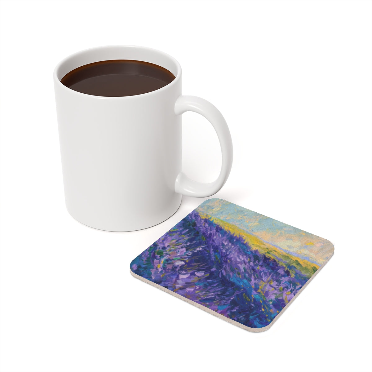 Lavender Fields - Square Hardboard Coaster, Cork Backed - 3.75"x 3.75" - Perfect for Home Decor & Gifts - Priced per coaster