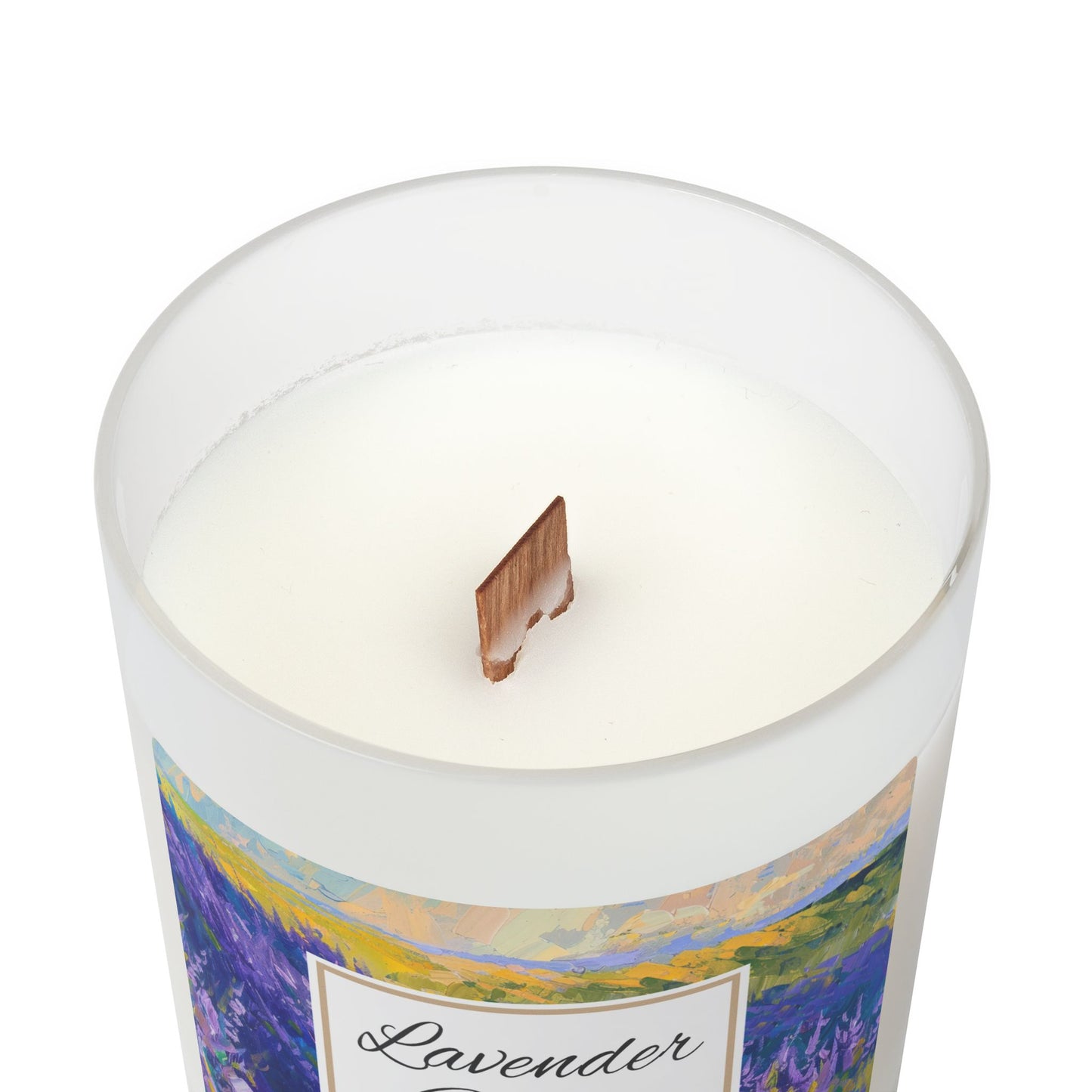 Candle with a lavender-themed label on a white background