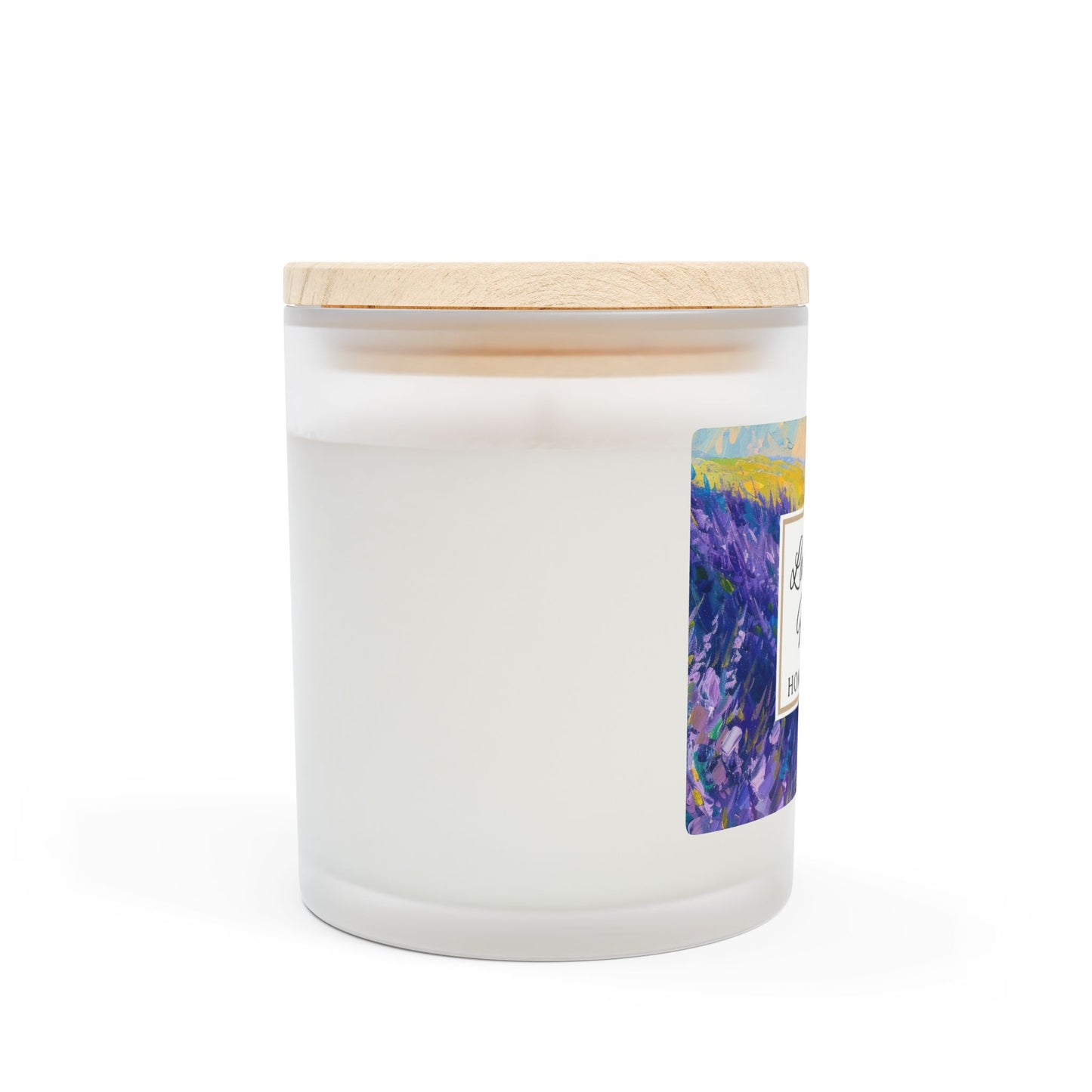 White candle with a wooden lid and colorful label on a white background