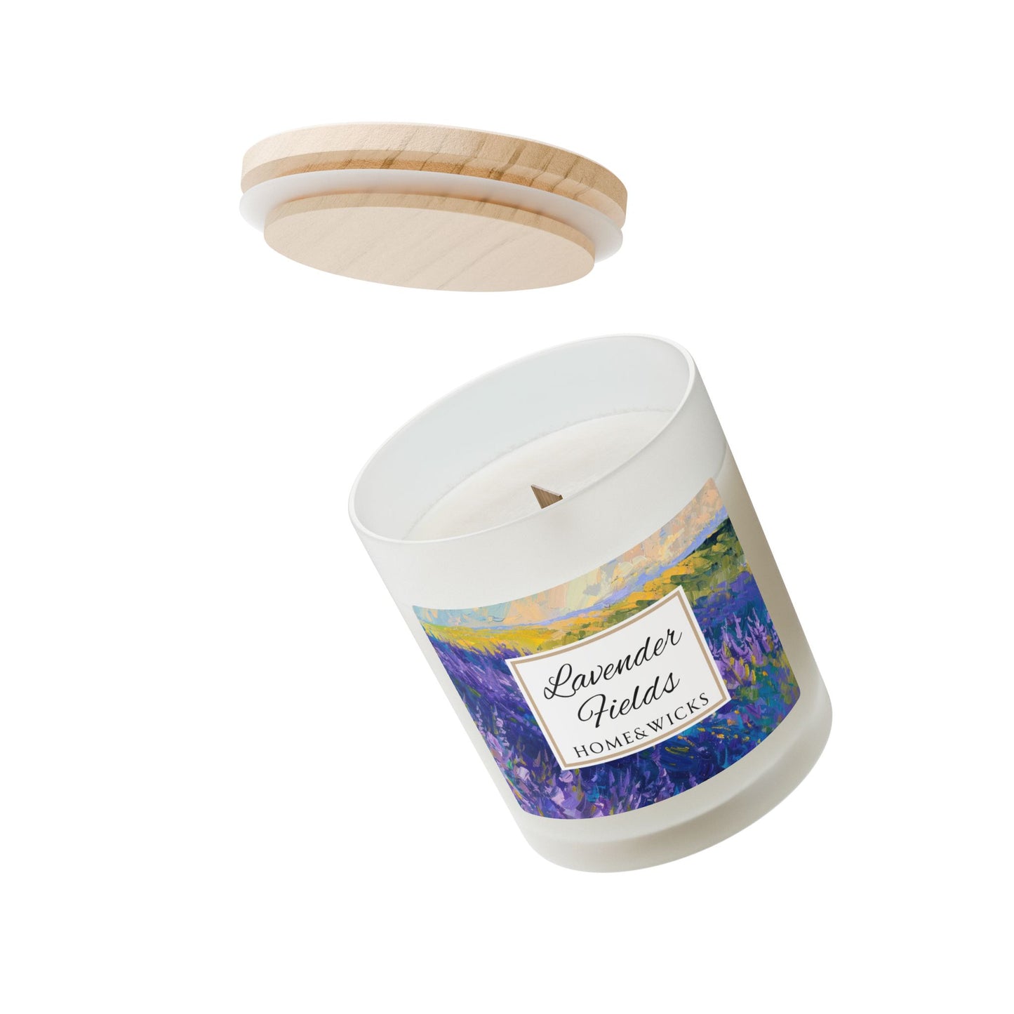 Candle with 'Lavender Fields' label and wooden lid on a white background