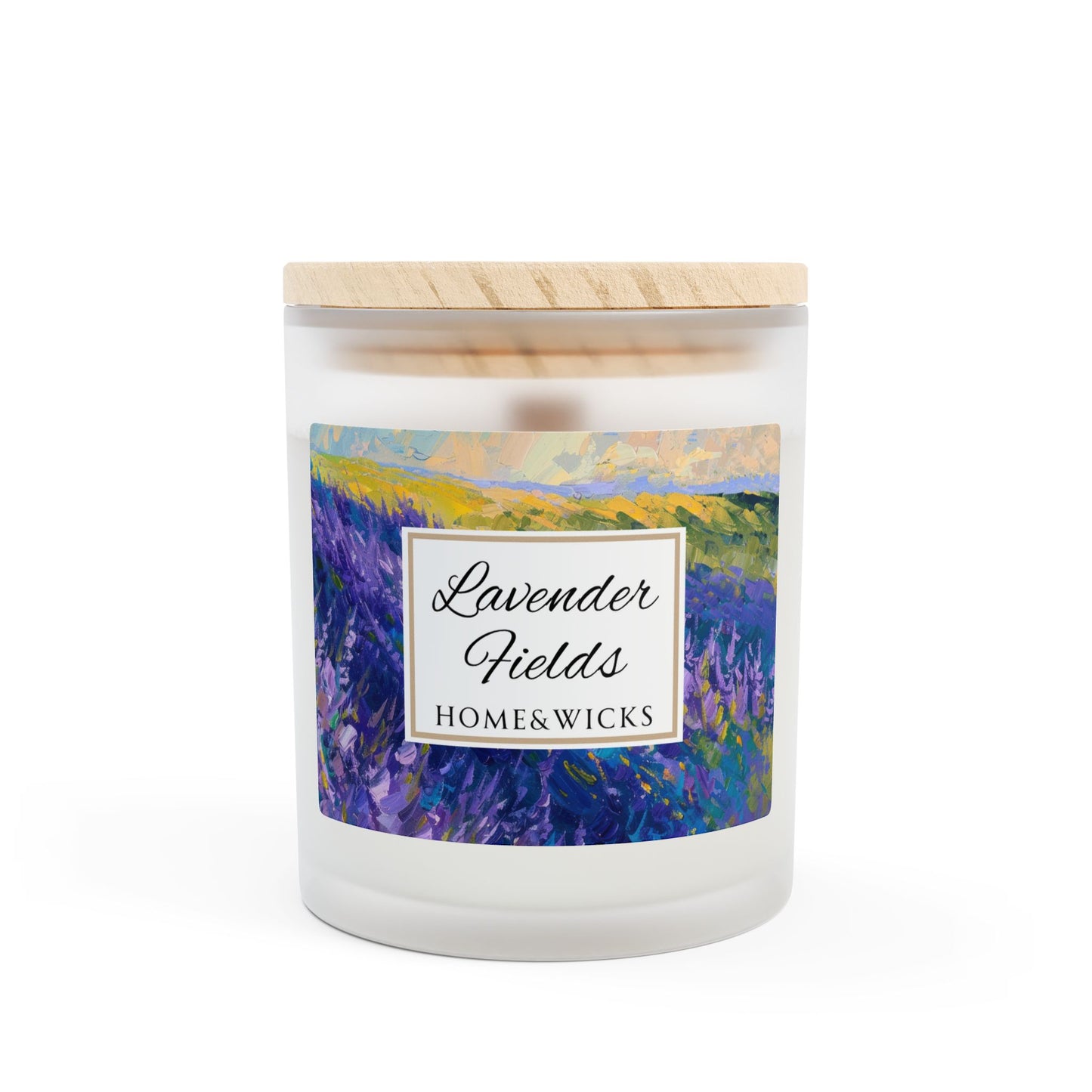 Candle with a 'Lavender Fields' label on a white background