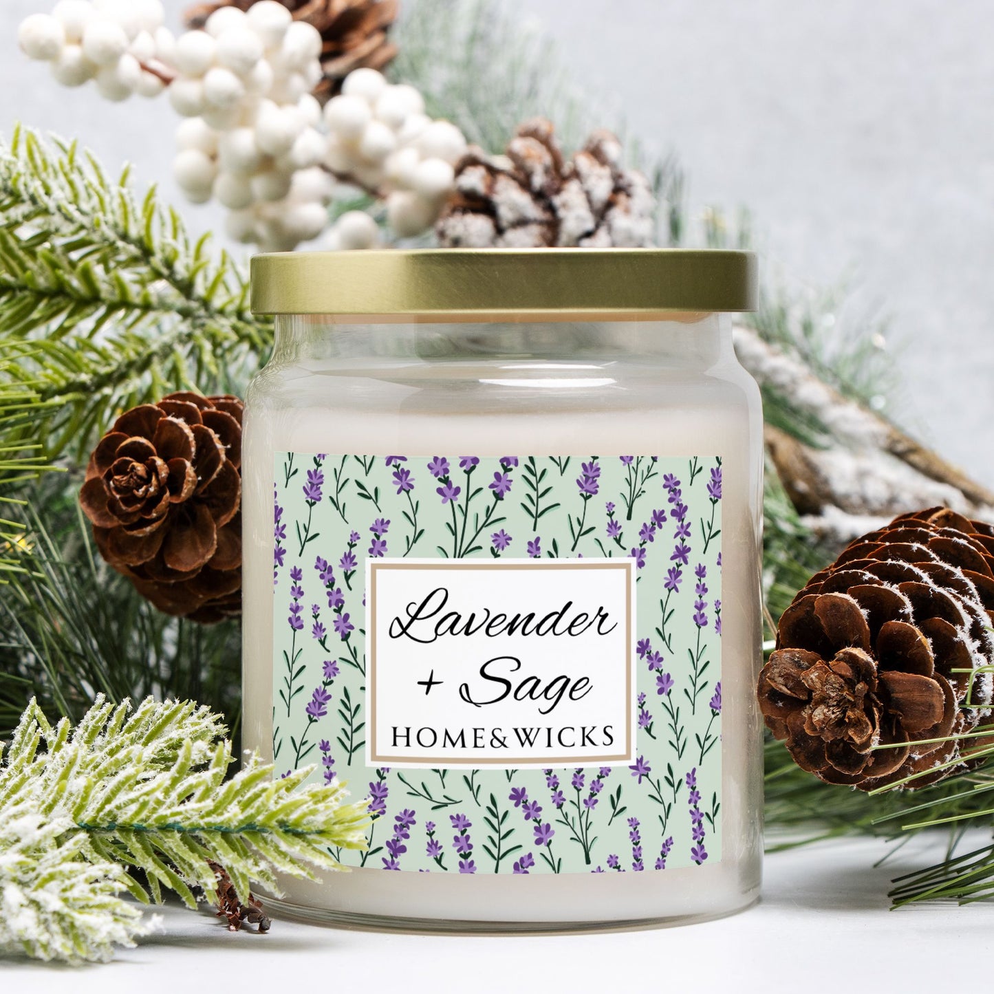 Candle jar labeled 'Lavender + Sage' from 'Home & Wicks' surrounded by decorative elements.