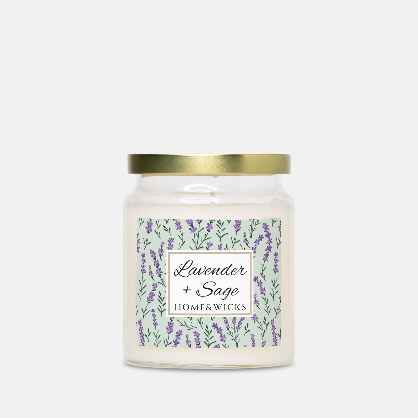 Candle jar with a gold lid and lavender-themed label on a white background