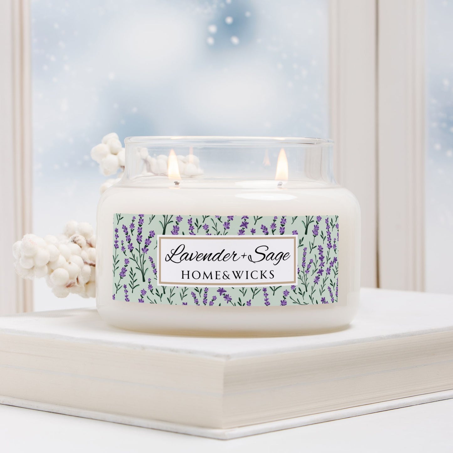 Home decor and candle with lavender and sage label on a windowsill