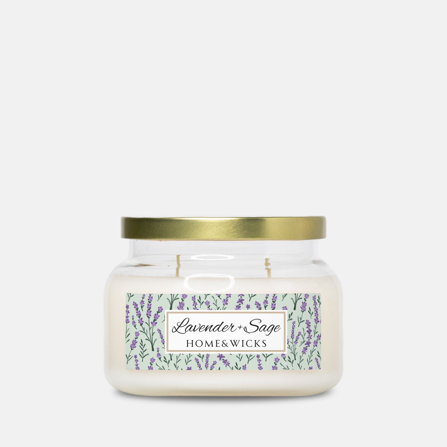 Apothecary candle jar with a gold lid and 'Lavender Sage Home & Wicks' label on a white background
