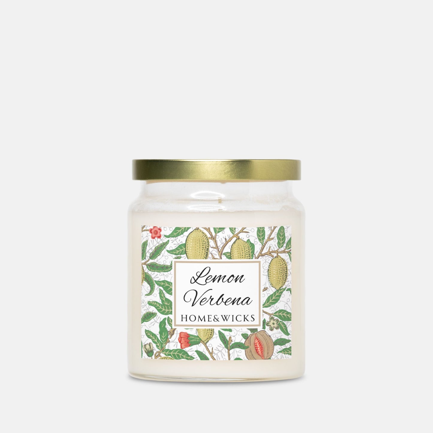 Candle jar with 'Lemon Verbena' label on a white background, Fruit by William Morris