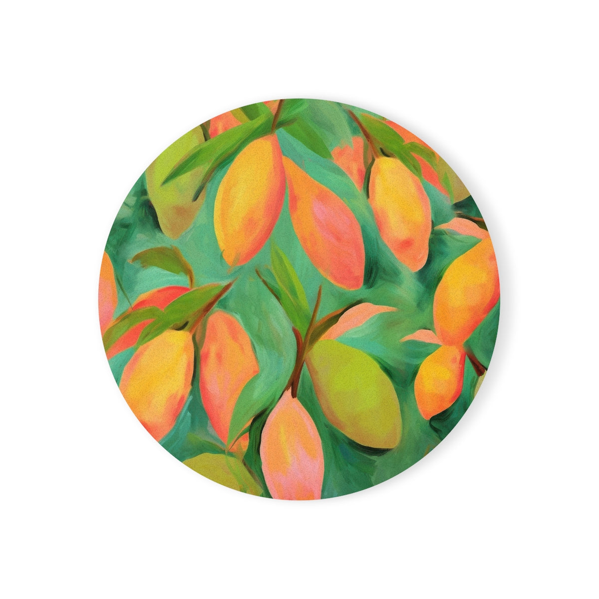 Mangoes - Round Hardboard Coaster, Cork Backed - 3.75"x 3.75" - Perfect for Home Decor & Gifts - Priced per coaster