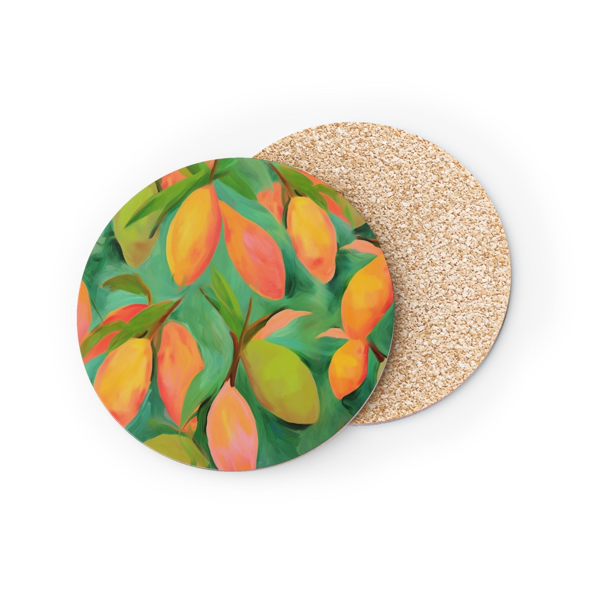 Mangoes - Round Hardboard Coaster, Cork Backed - 3.75"x 3.75" - Perfect for Home Decor & Gifts - Priced per coaster