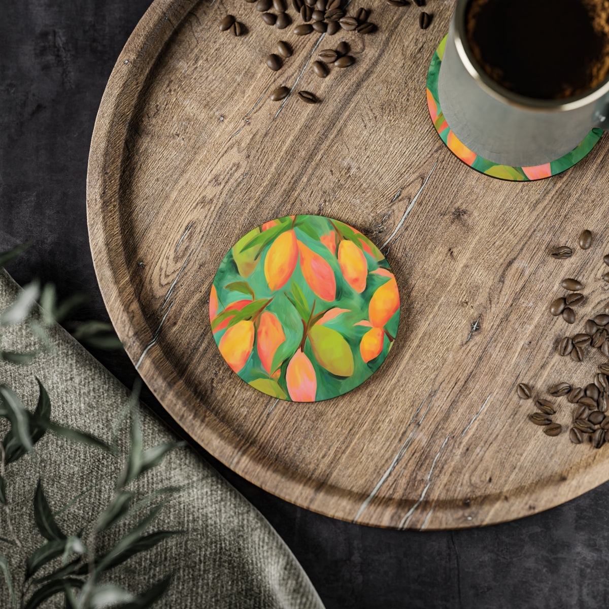 Mangoes - Round Hardboard Coaster, Cork Backed - 3.75"x 3.75" - Perfect for Home Decor & Gifts - Priced per coaster