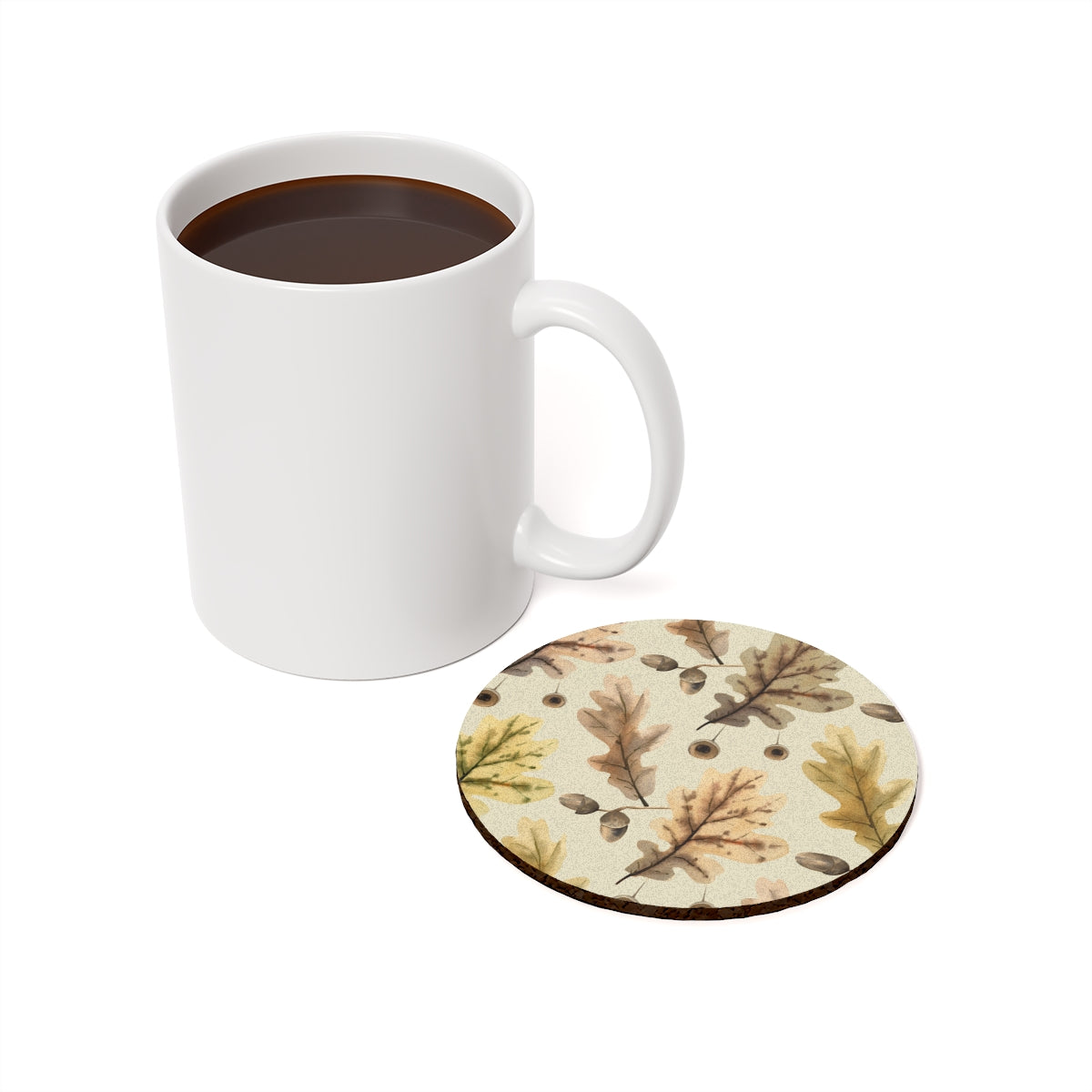 Oak Leaves - Round Hardboard Coaster, Cork Backed - 3.75" x 3.75" - Great for Fall / Thanksgiving Home Decor & Gifts - Priced per coaster
