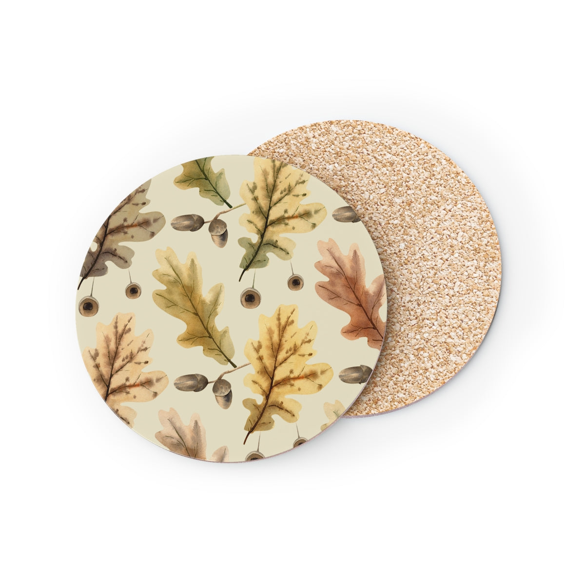 Oak Leaves - Round Hardboard Coaster, Cork Backed - 3.75" x 3.75" - Great for Fall / Thanksgiving Home Decor & Gifts - Priced per coaster