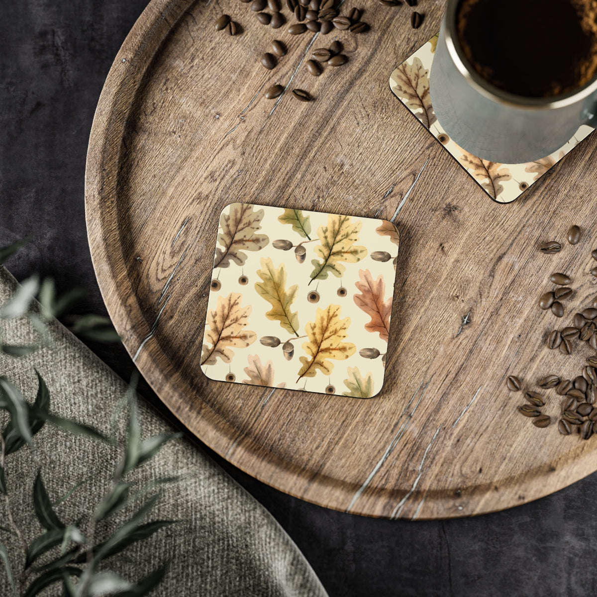 Oak Leaves - Square Hardboard Coaster, Cork Backed - 3.75" x 3.75" - Great for Fall / Thanksgiving Home Decor & Gifts - Priced per coaster