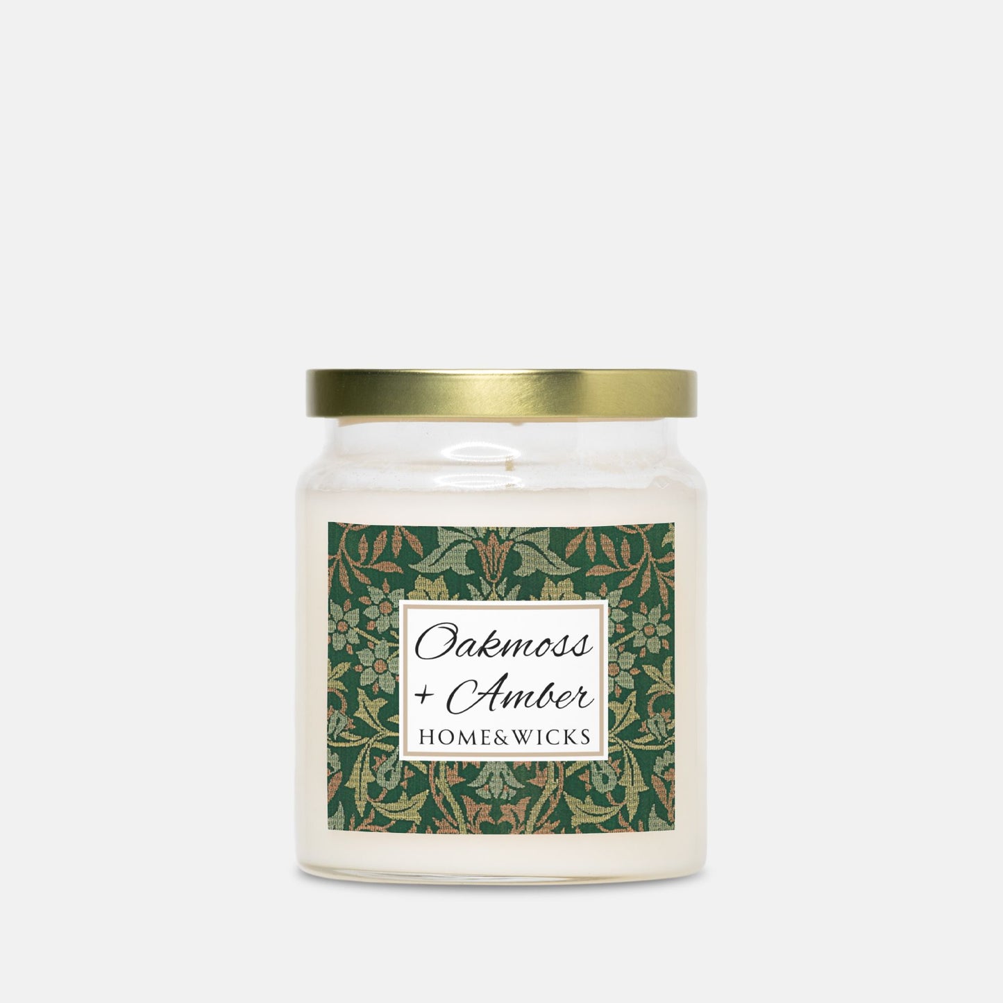 Candle jar with a decorative Flower Garden by William Morris label on a white background